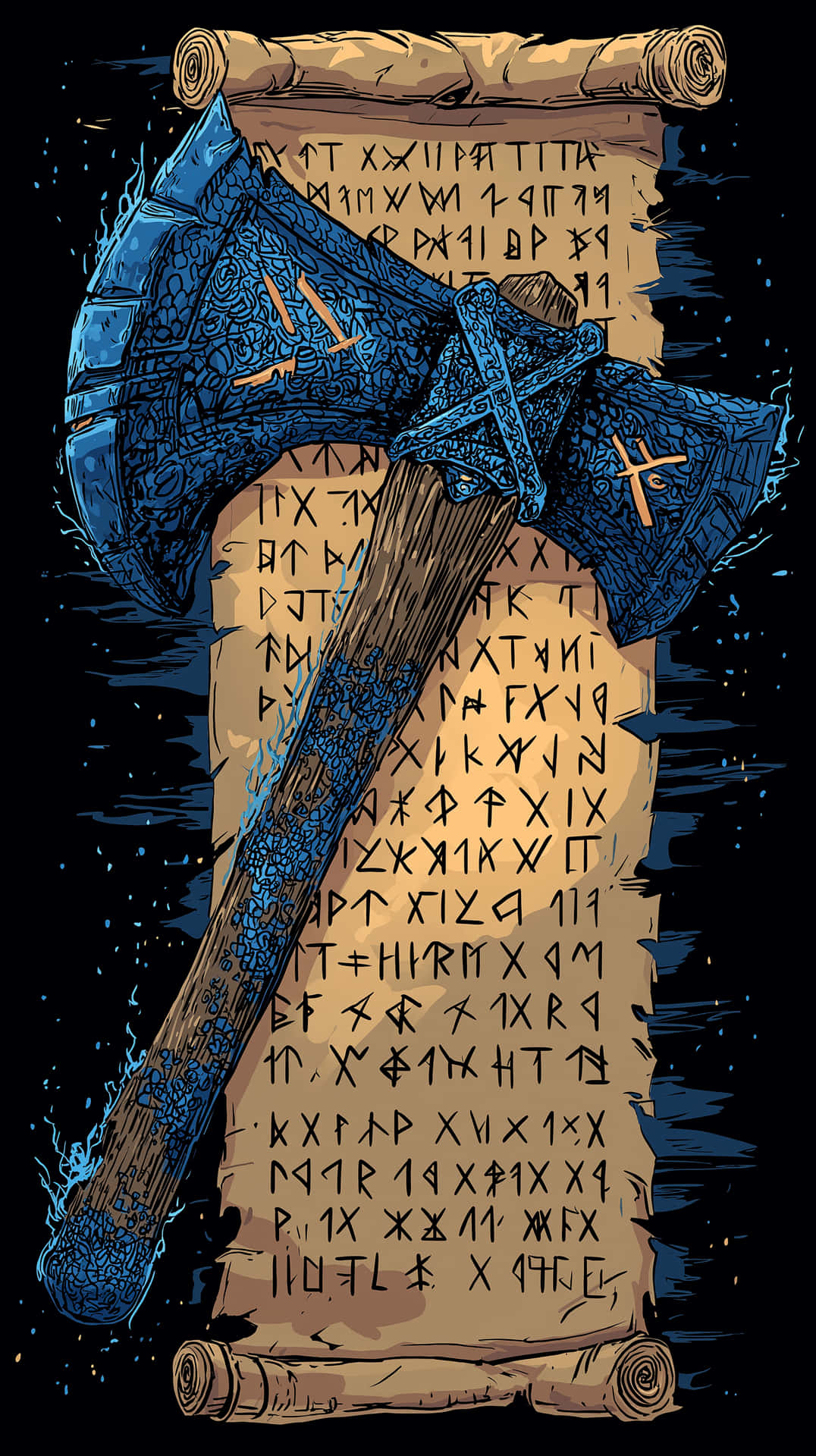 Mythical Axe on Ancient Scroll, Enchanted Artifact Depiction 壁紙 — 一把藍色華麗斧頭帶有符文銘文，斜放在一張充滿古代符文的羊皮紙卷軸上，背景是黑暗的水面。