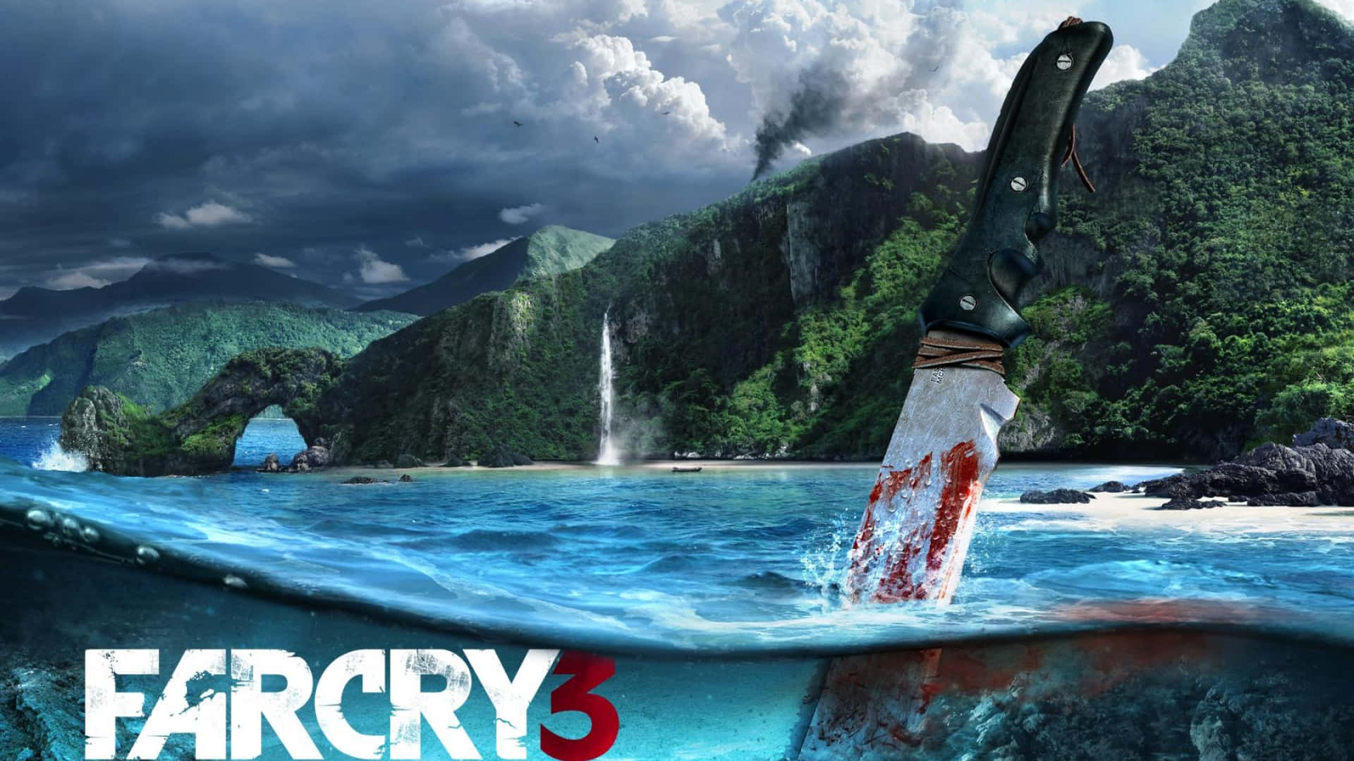 Far Cry 3 桌布 壁紙 — 一把血淋淋的刀從熱帶島嶼的碧綠海水中伸出，島上有茂密的山脈和瀑布，天空風暴密佈。