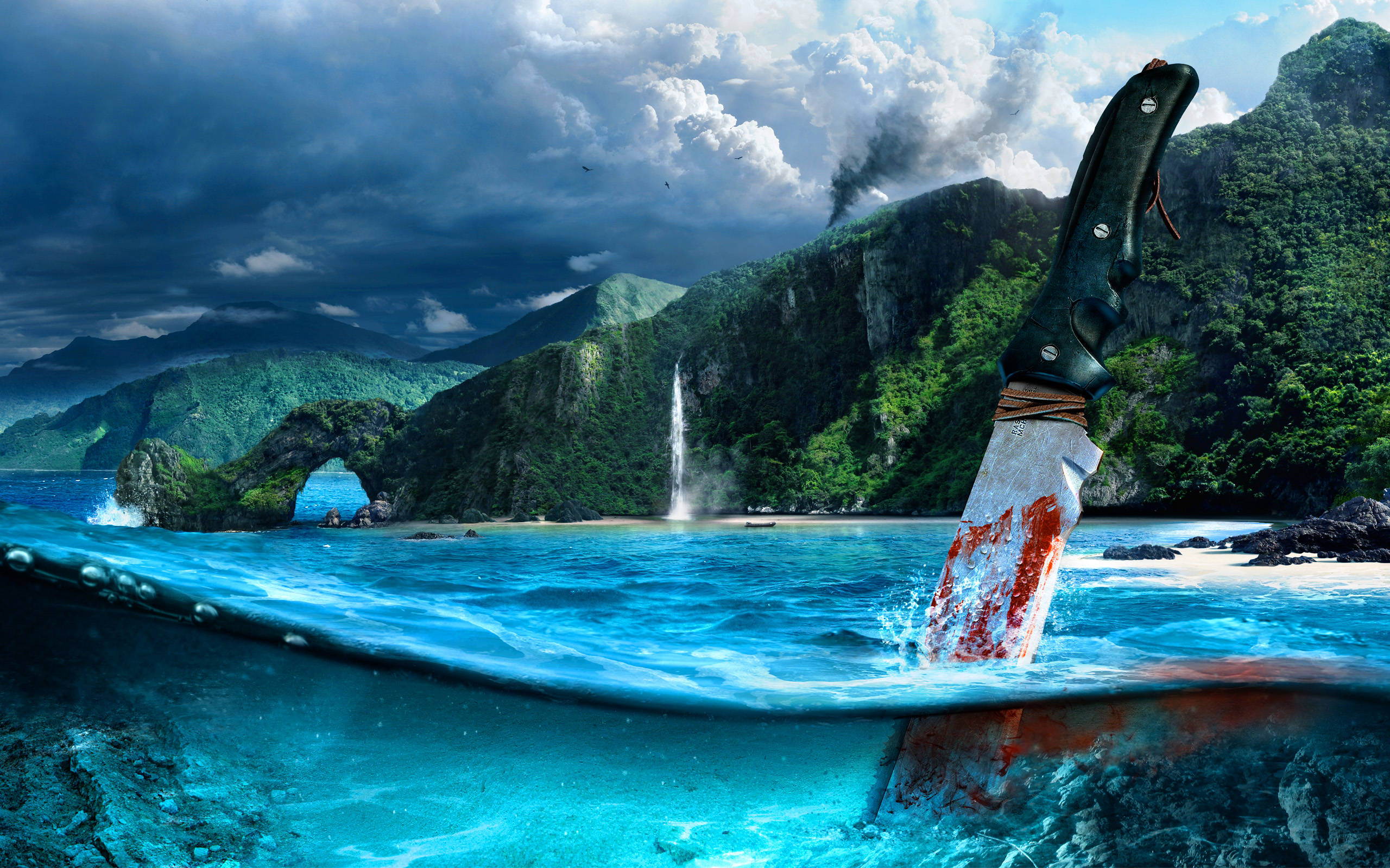Far Cry 3 桌布 壁紙 — 一把血淋淋的刀從碧綠色的水中浮現，背景是戲劇性的熱帶島嶼，有瀑布和暴風雲。