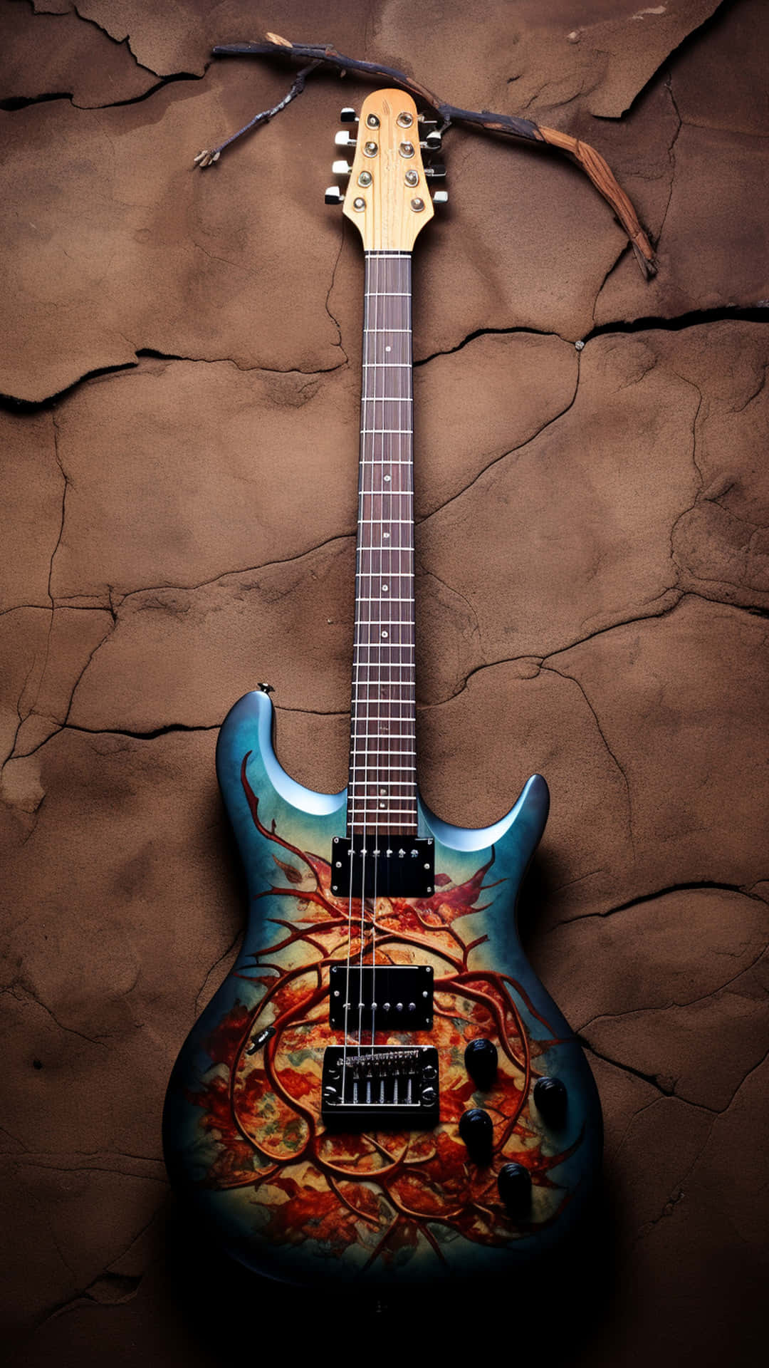 Electric Guitar Abstract 壁紙 — 一把訂製電吉他，帶有火焰根部藝術品，放置在龜裂的大地色皮革上。