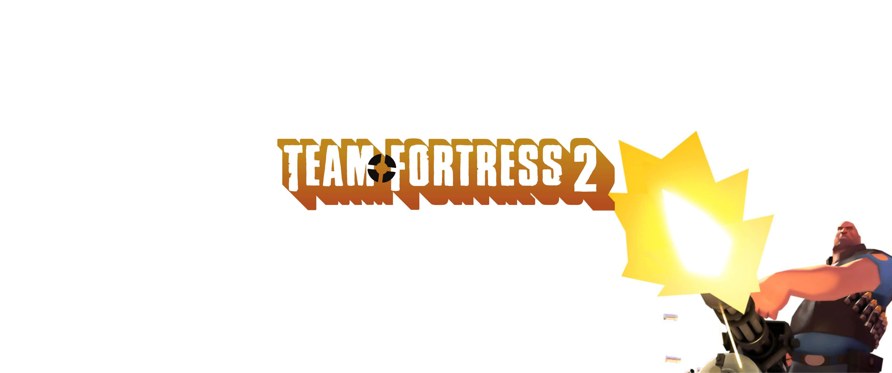 3440x1440p Tf2 桌布 壁紙 — 一把重型武器在白色背景上的 Team Fortress 2 標誌旁邊發射明亮的黃色爆炸。