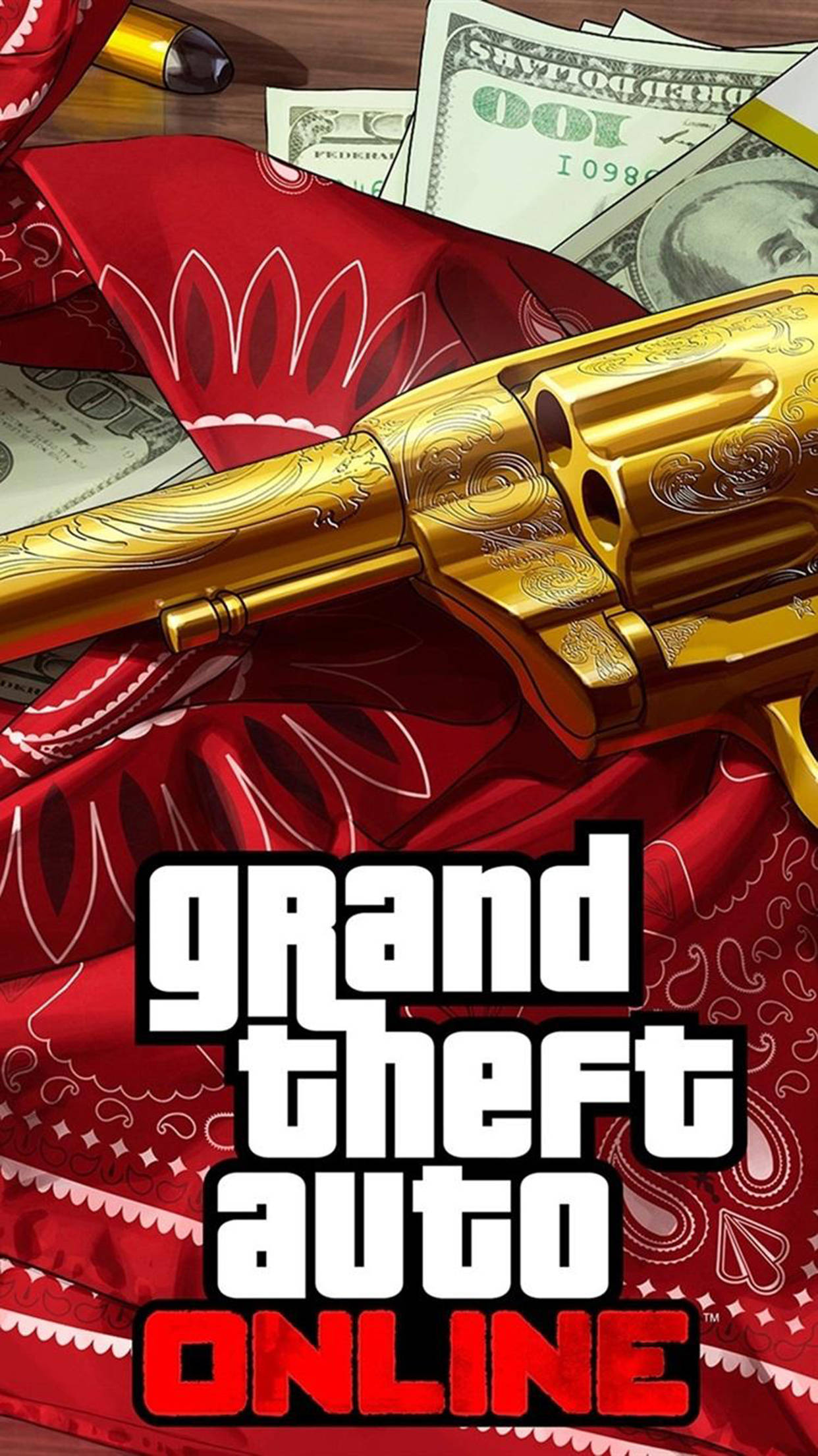 gta iPhone 桌布 壁紙 — 一把金色左輪手槍放在紅色頭巾和散落的百元美鈔上，帶有『Grand Theft Auto Online』標誌。