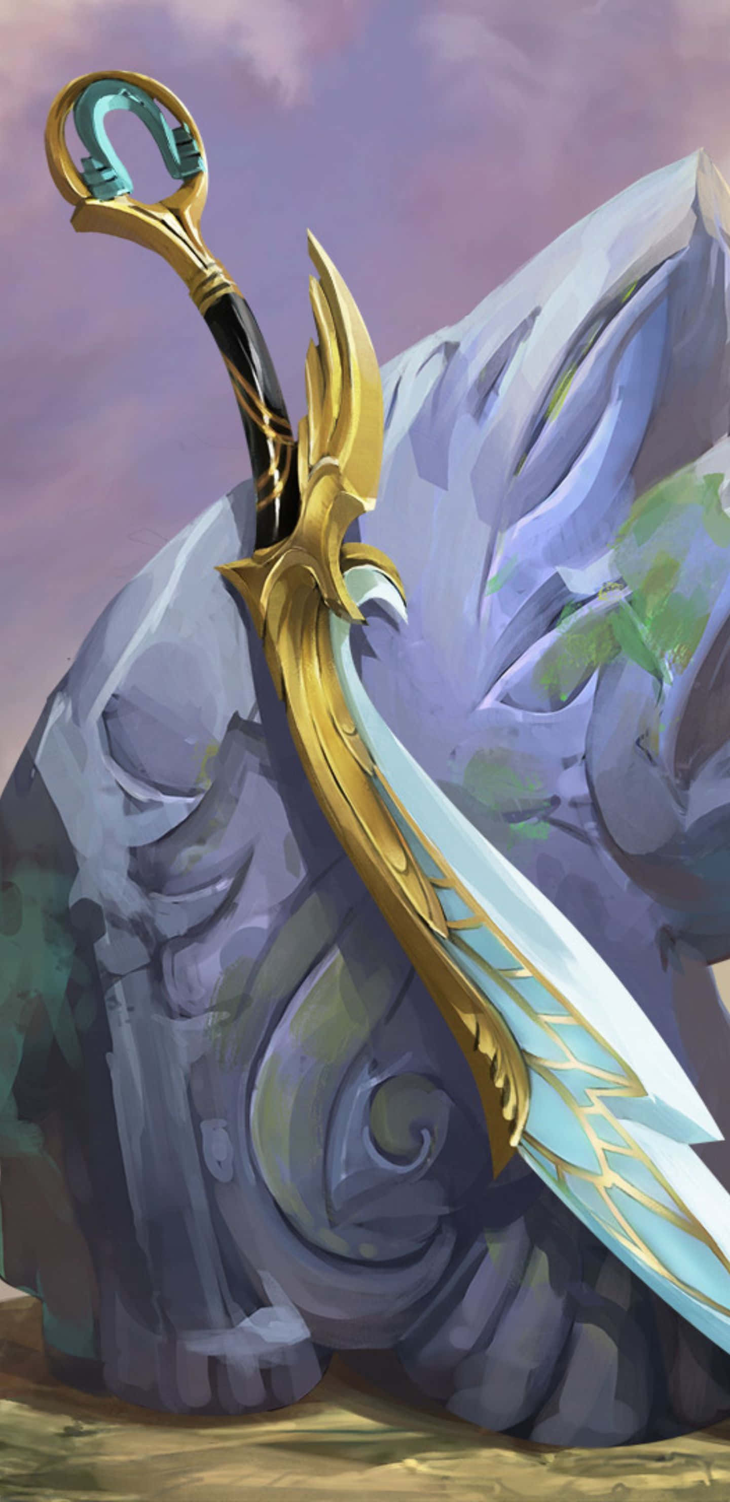 Pixel 3xl Runescape 桌布 壁紙 — 一把金色華麗的劍，帶有發光的劍刃，倚靠在黃昏天空下崎嶇的紫色山脈上。