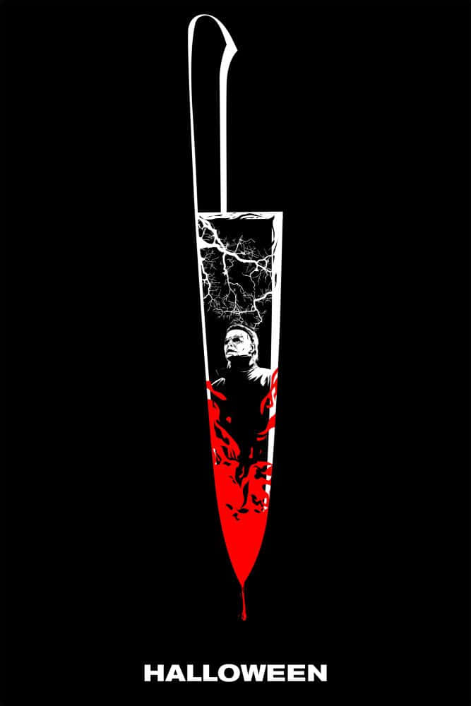 Horror Icons 桌布 壁紙 — 一把鋒利的白色刀，帶有血跡斑斑的刀片，刀柄內有一個幽靈般的面孔，背景為黑色。