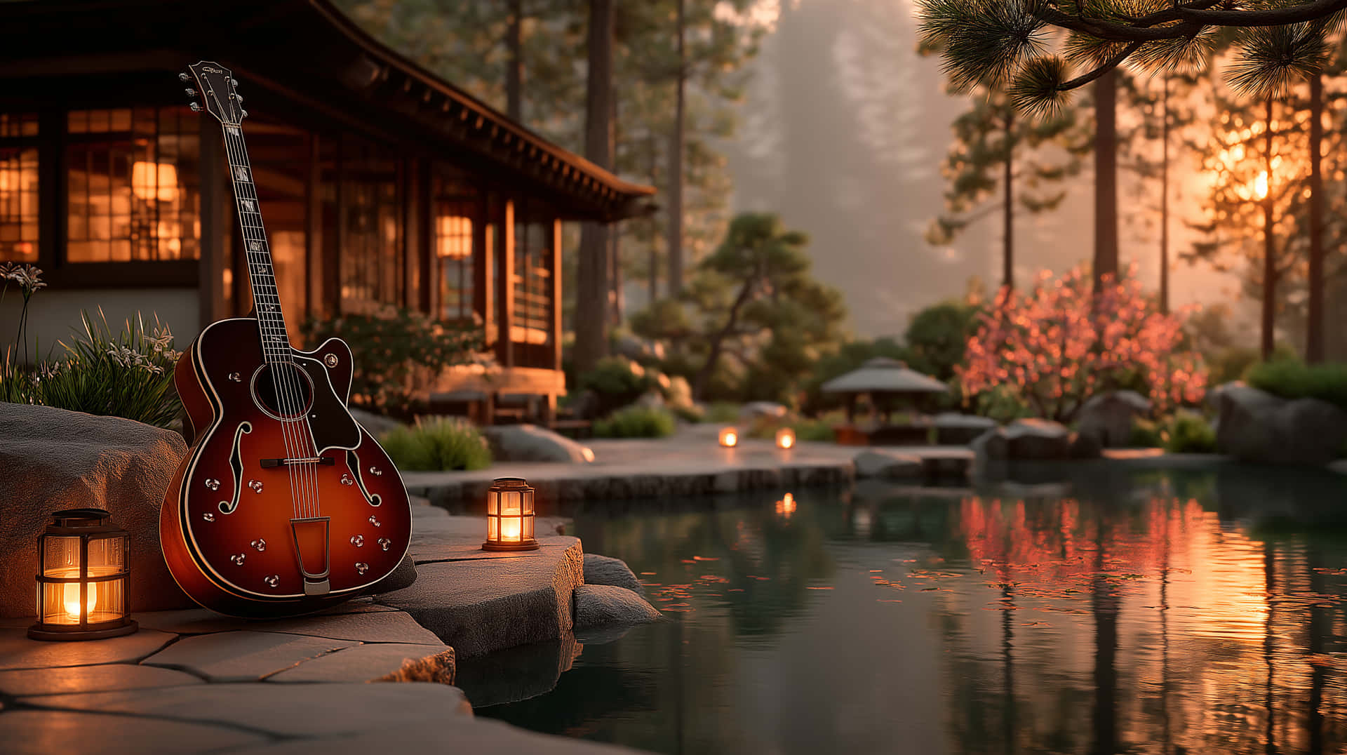 Guitar and Lanterns in Peaceful Zen Garden at Sunset 壁紙 — 一把陽光照射的木吉他放在寧靜的池塘邊，旁邊是木屋，有發光的燈籠和櫻花。