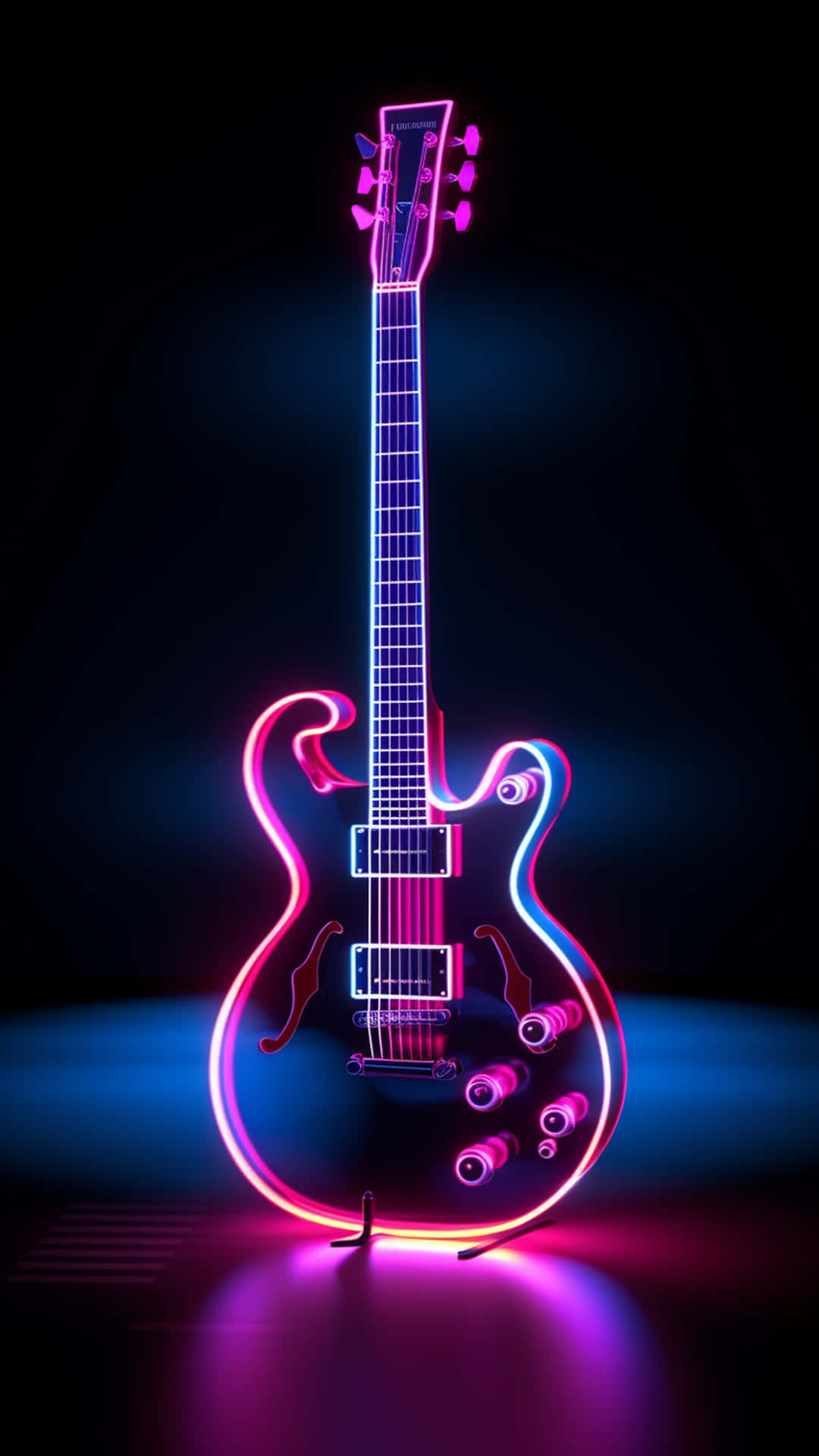 Acoustic and heavy rock electric guitars musical instruments. 壁紙 — 一把霓虹燈電吉他在黑暗背景下散發出鮮豔的粉紅色和藍色光芒，在地板上投射出色彩繽紛的反射。