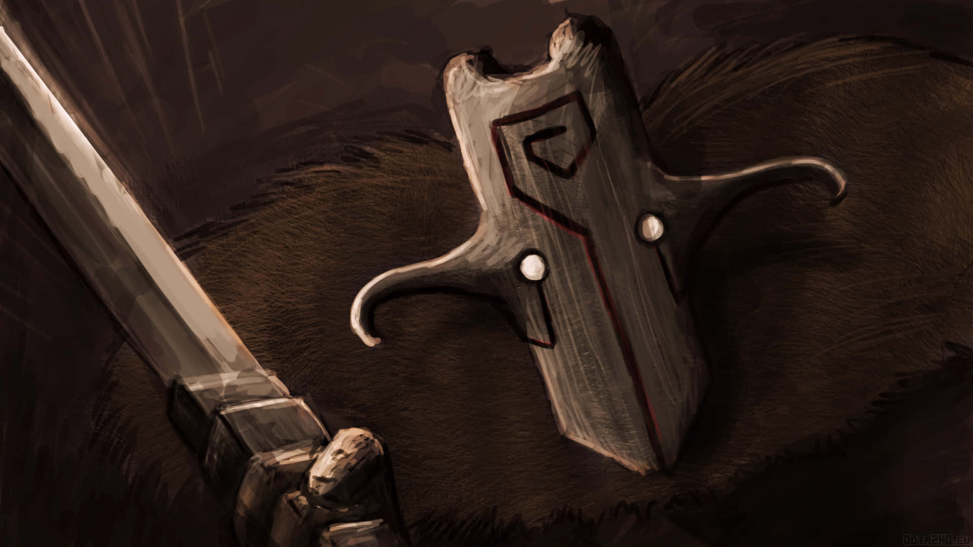 Dota 2 Juggernaut 桌布 壁紙 — 一把風化的劍和盾牌放在深色毛皮上，戲劇性的燈光突顯了它們磨損的紋理和紅色標記。