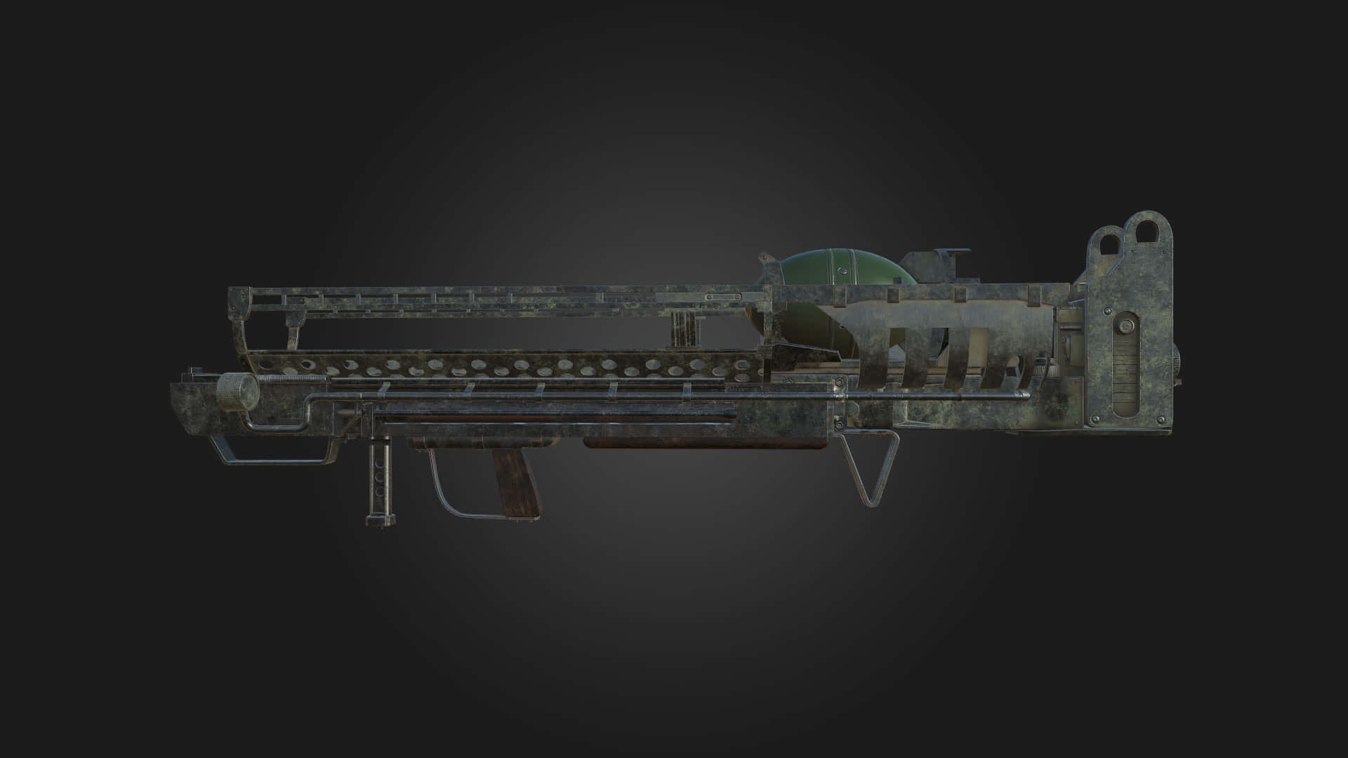 Fallout 4 Fat Man 桌布 壁紙 — 一把風化的軍用機槍，帶有鏽蝕金屬和綠色點綴，在深色漸變背景上展示。