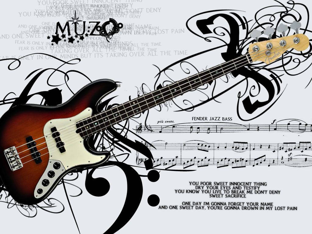 音樂 桌布 壁紙 — 一把風格化的Fender Jazz Bass吉他，帶有華麗的黑色漩渦，覆蓋在淺灰色背景上的樂譜和歌詞。