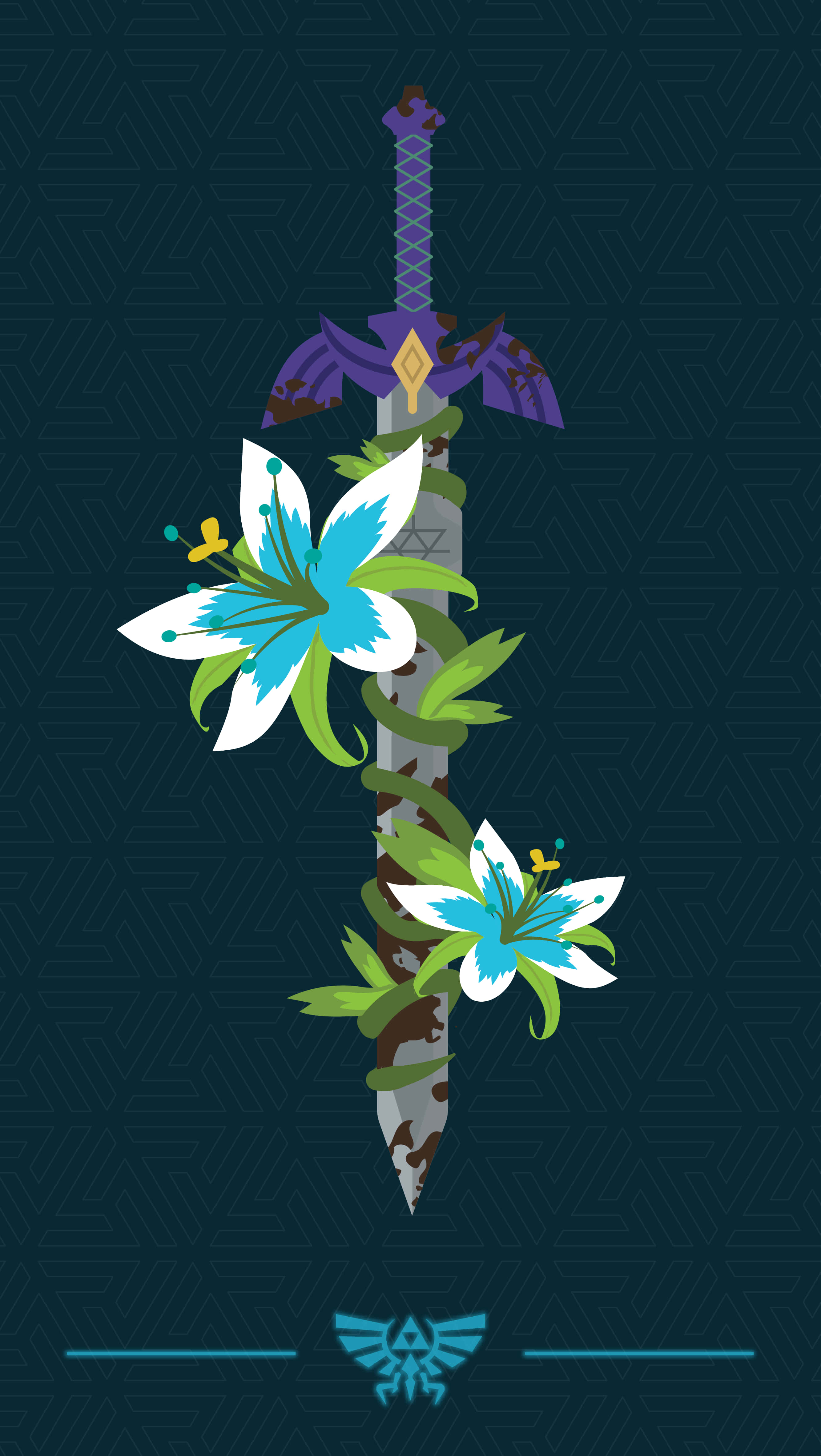 Zelda Phone 桌布 壁紙 — 一把風格化的劍，紫色劍柄，藍色百合纏繞，背景為深色幾何圖案，底部有藍色徽章。