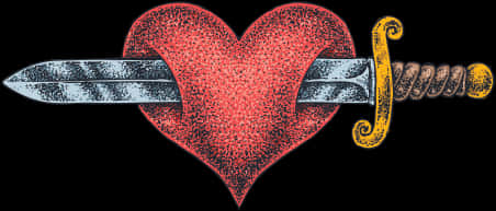 Heart Tattoo 桌布 壁紙 — 一把風格化的匕首刺穿一個有紋理的紅色心形，背景為黑色，採用紋身藝術風格。