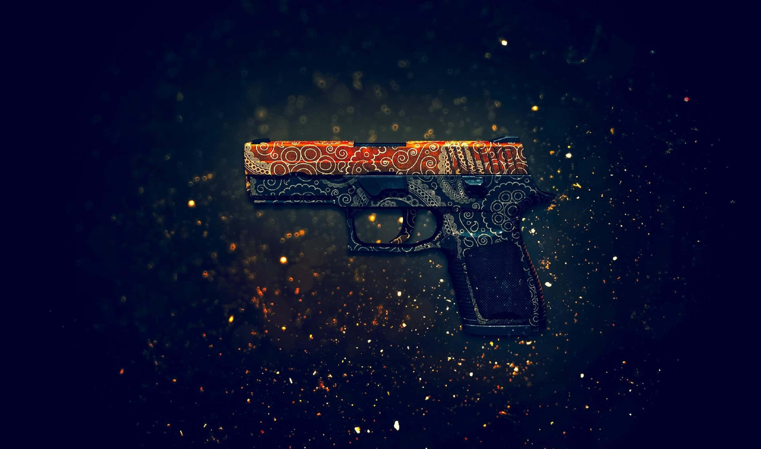 2440x1440 Counter-strike Global Offensive 桌布 壁紙 — 一把飾有複雜橙色和黑色漩渦圖案的手槍，在黑暗背景下漂浮於發光的金色粒子之間。