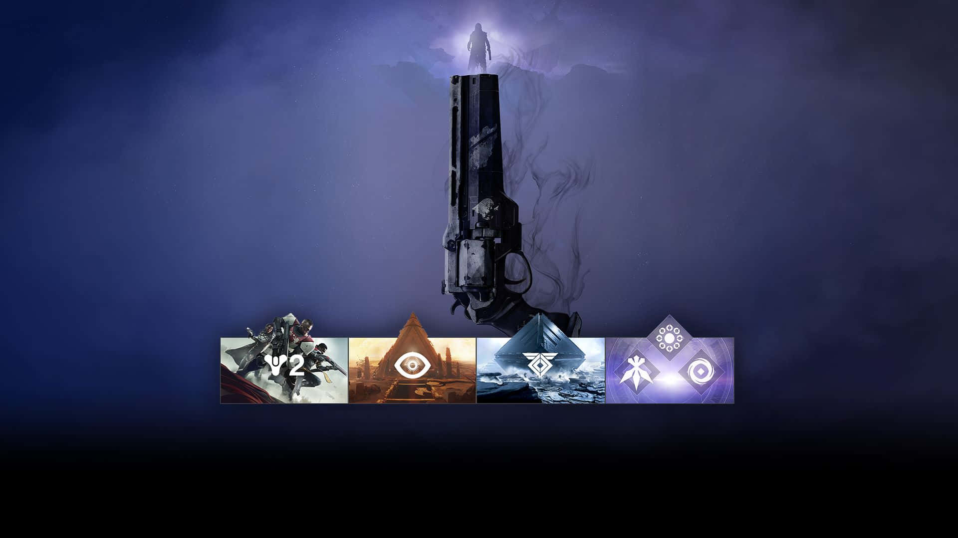 Best Destiny 2 桌布 壁紙 — 一把高聳的槍從迷霧中升起，頂端站著一個孤獨的身影，下方環繞著四個發光的遊戲主題圖標。