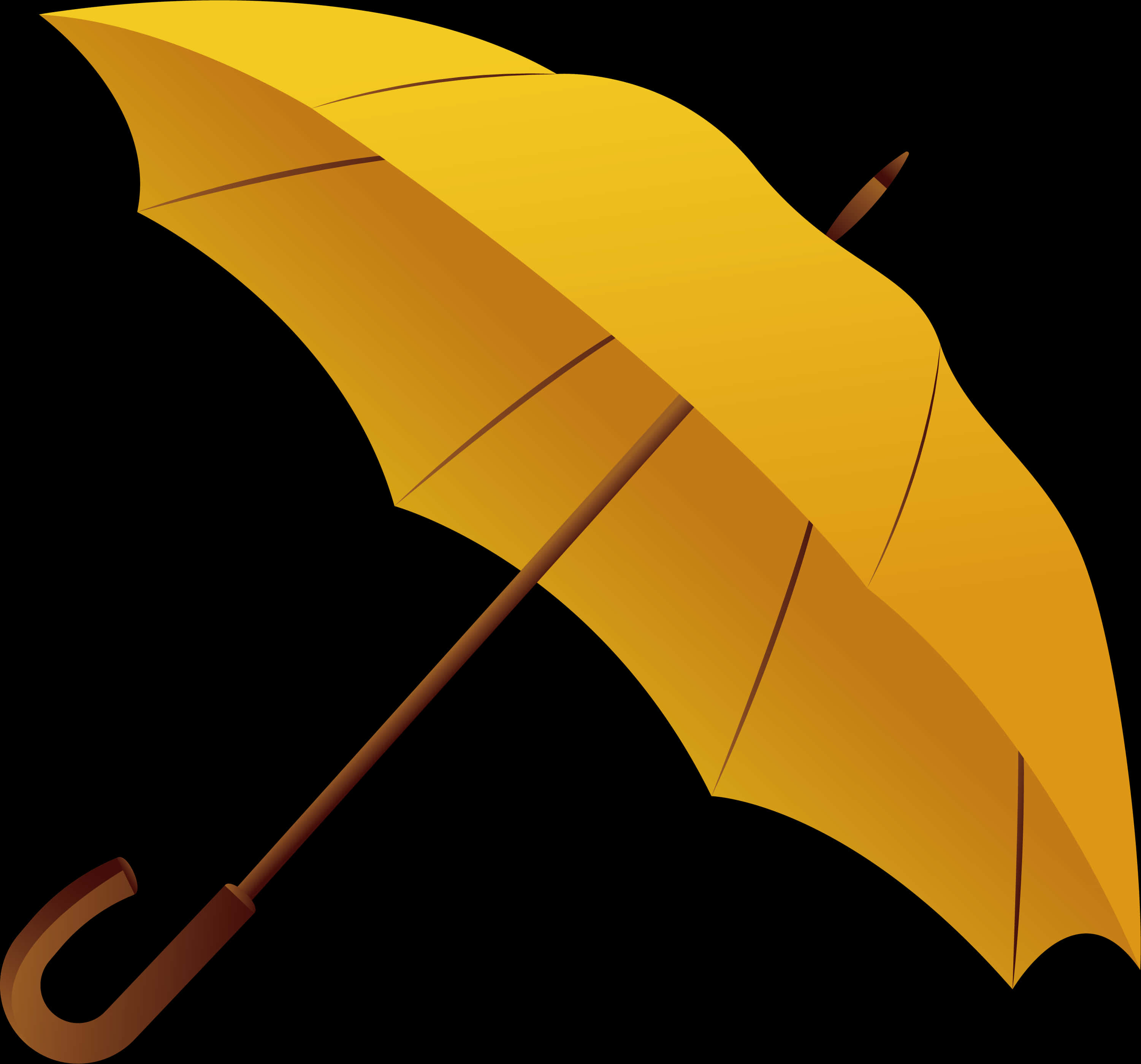 Object 桌布 壁紙 — 一把鮮黃色的雨傘，帶有木製手柄和彎曲掛鉤，在純黑色背景下打開。
