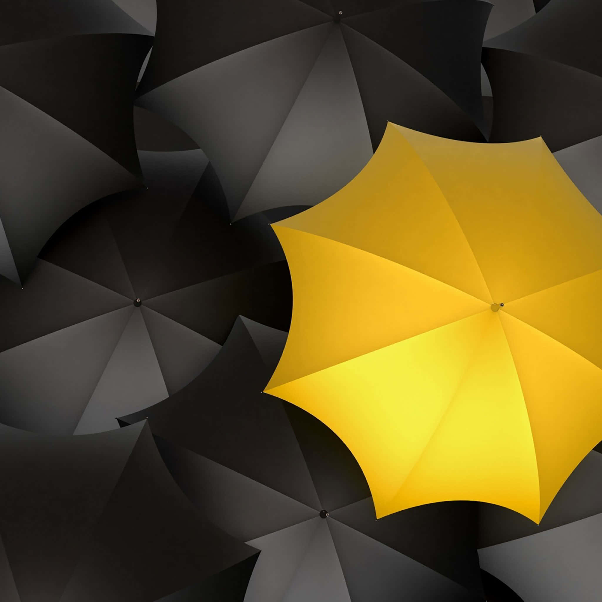 Umbrella 桌布 壁紙 — 一把鮮黃色雨傘在幾何圖案的黑灰色雨傘海中脫穎而出。