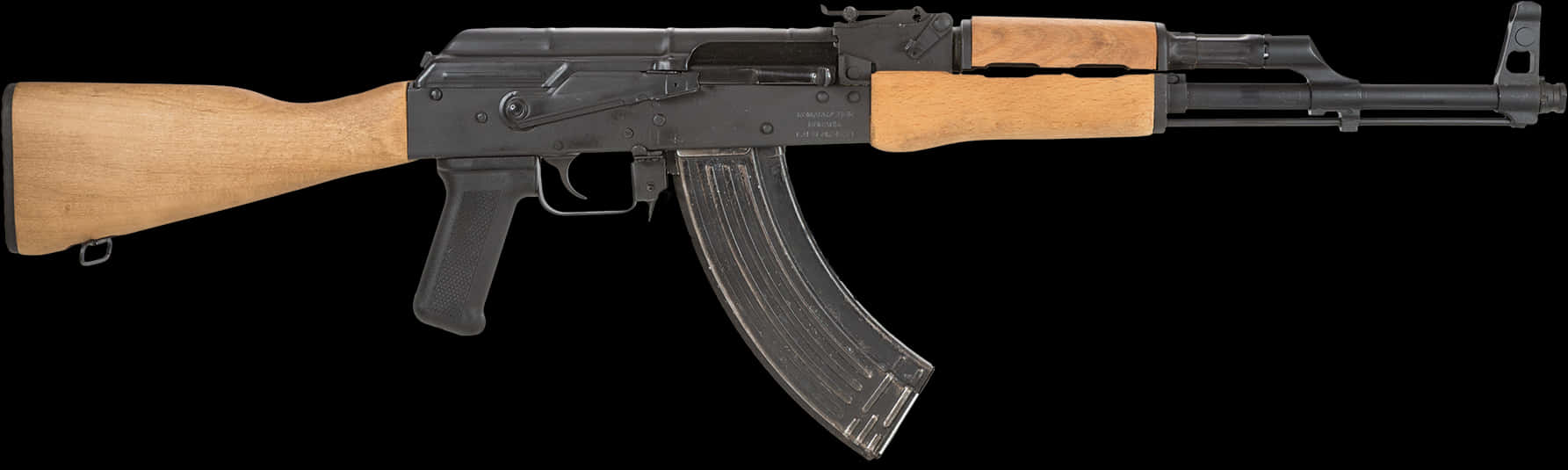 Rifle 桌布 壁紙 — 一把黑色AK-47步槍，配有木製槍托和護木，在純黑色背景上以側面輪廓展示。
