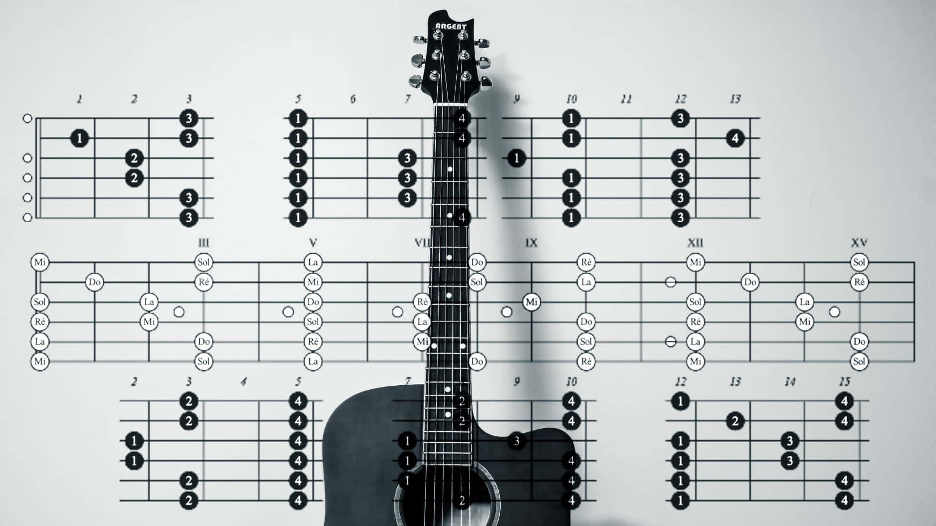 Black And White Guitar 桌布 壁紙 — 一把黑色木吉他置於白色背景中央，上面覆蓋著詳細的指板圖，顯示和弦位置。