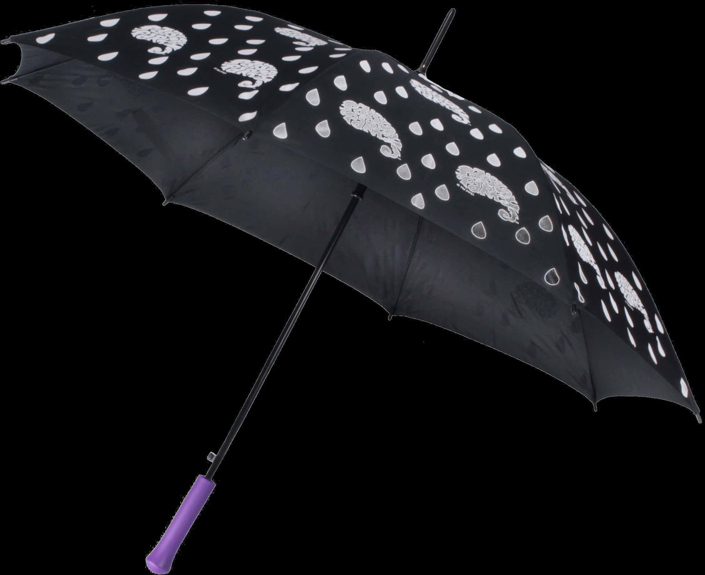 Object 桌布 壁紙 — 一把黑色雨傘，帶有白色水滴和葉子圖案，以及紫色手柄，背景為純黑色。