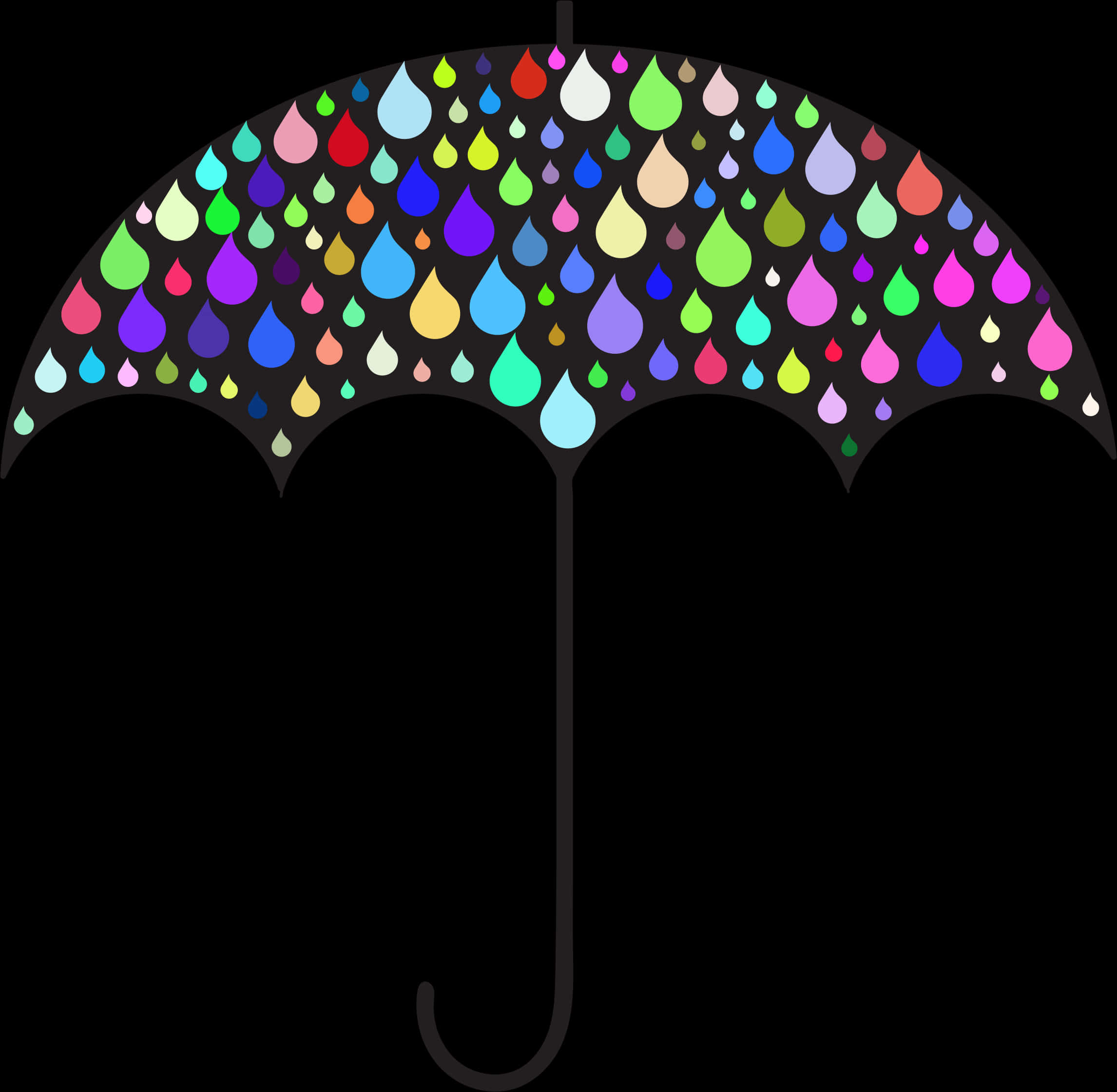下雨 桌布 壁紙 — 一把黑色雨傘傘面，在純黑背景上點綴著鮮豔多彩的雨滴。