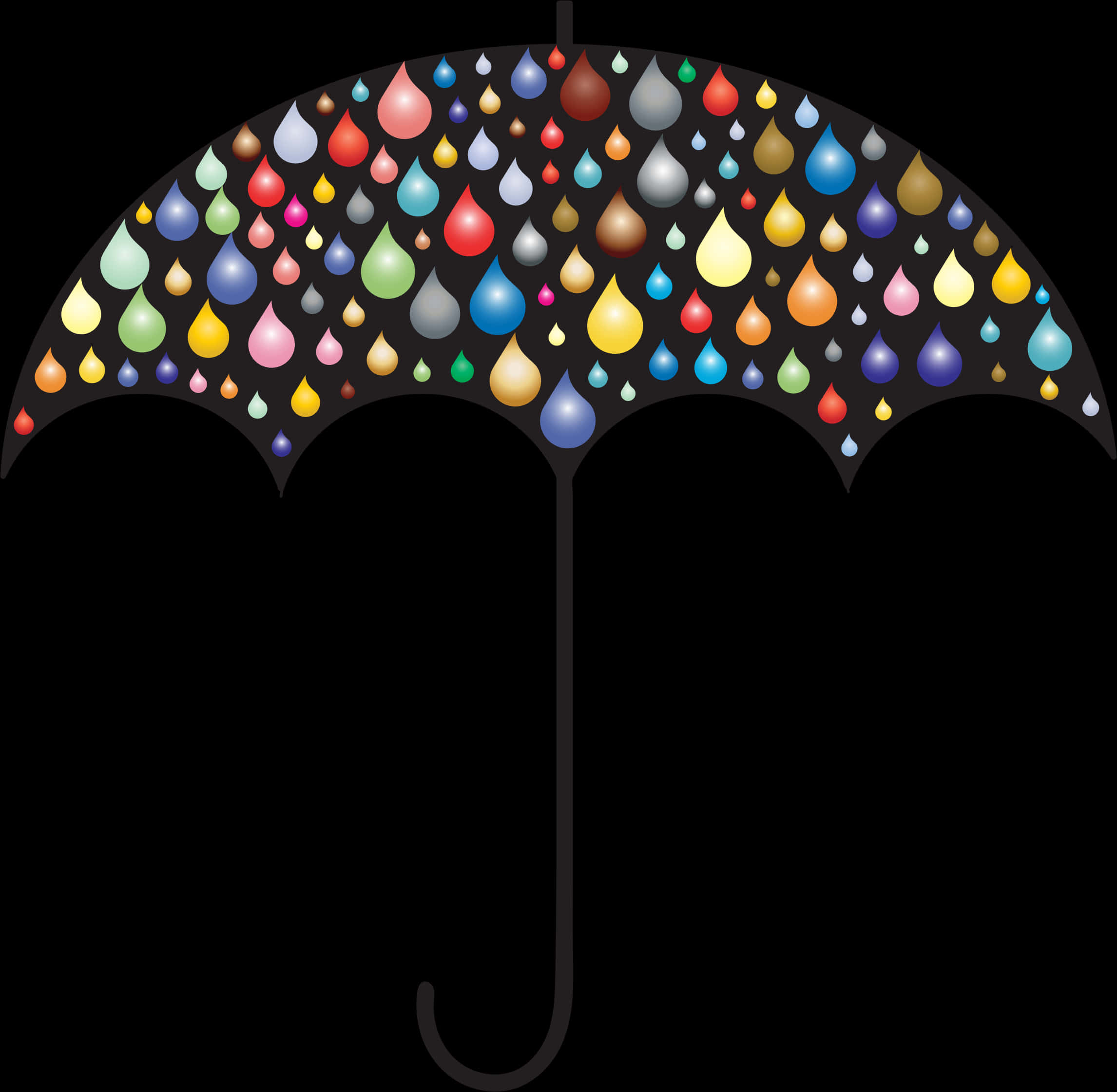 下雨 桌布 壁紙 — 一把黑色雨傘的傘篷，在純黑背景上點綴著鮮豔多彩的雨滴。