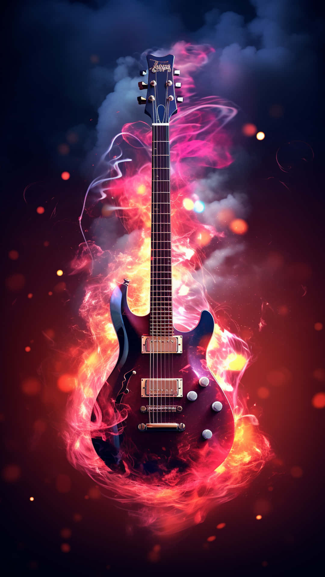 Acoustic & electric guitars on white background. 壁紙 — 一把黑色電吉他，在黑暗背景中被鮮豔旋轉的火焰和煙霧包圍。
