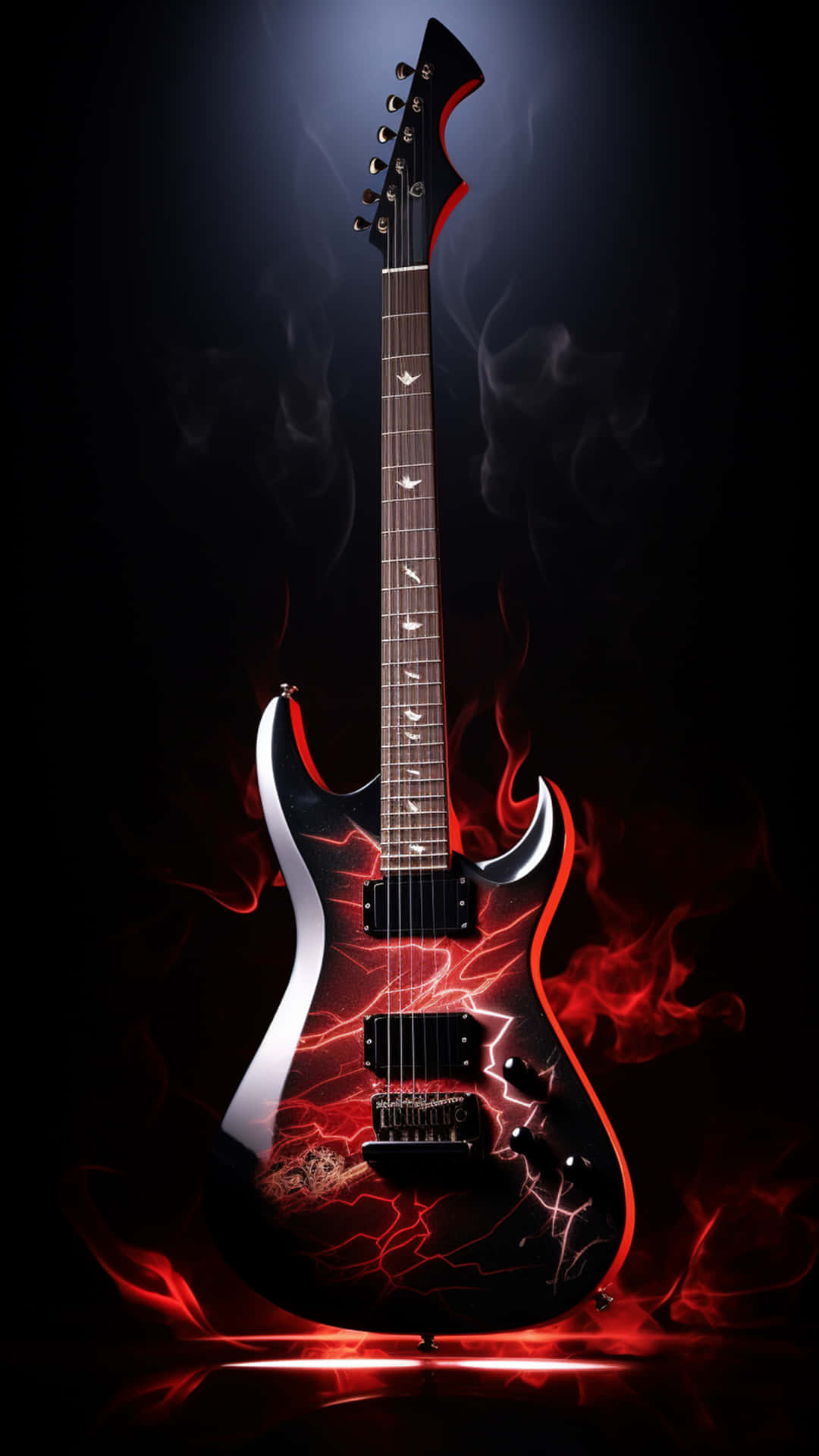 Neon electric guitar on black background 壁紙 — 一把黑色電吉他帶有紅色閃電和煙霧效果，在黑暗背景下戲劇性地矗立。