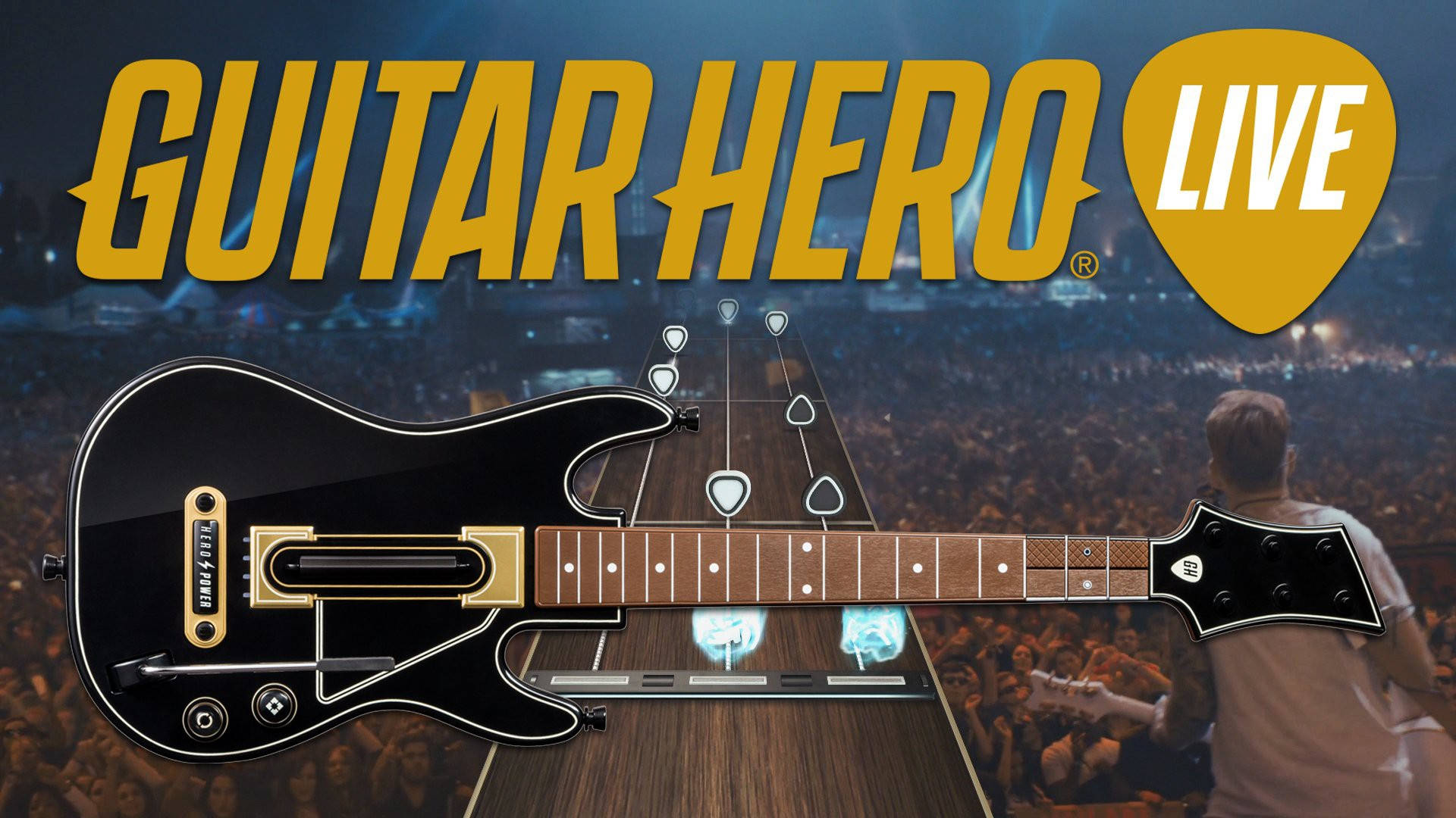 Guitar Hero Live遊戲封面，顯示吉他在音樂會人群上方。 — 吉他英雄 壁紙