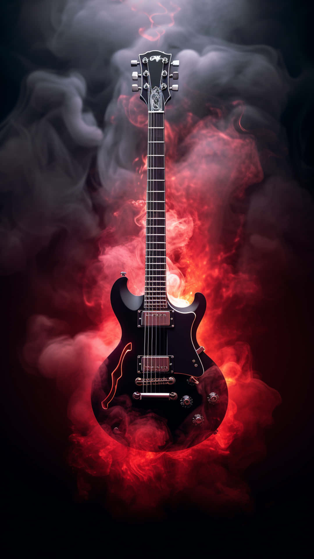 Classical guitar close up, dramatically lit on a black background with copy space. 壁紙 — 一把黑色電吉他從旋轉的紅色和灰色煙霧中浮現，背景昏暗。