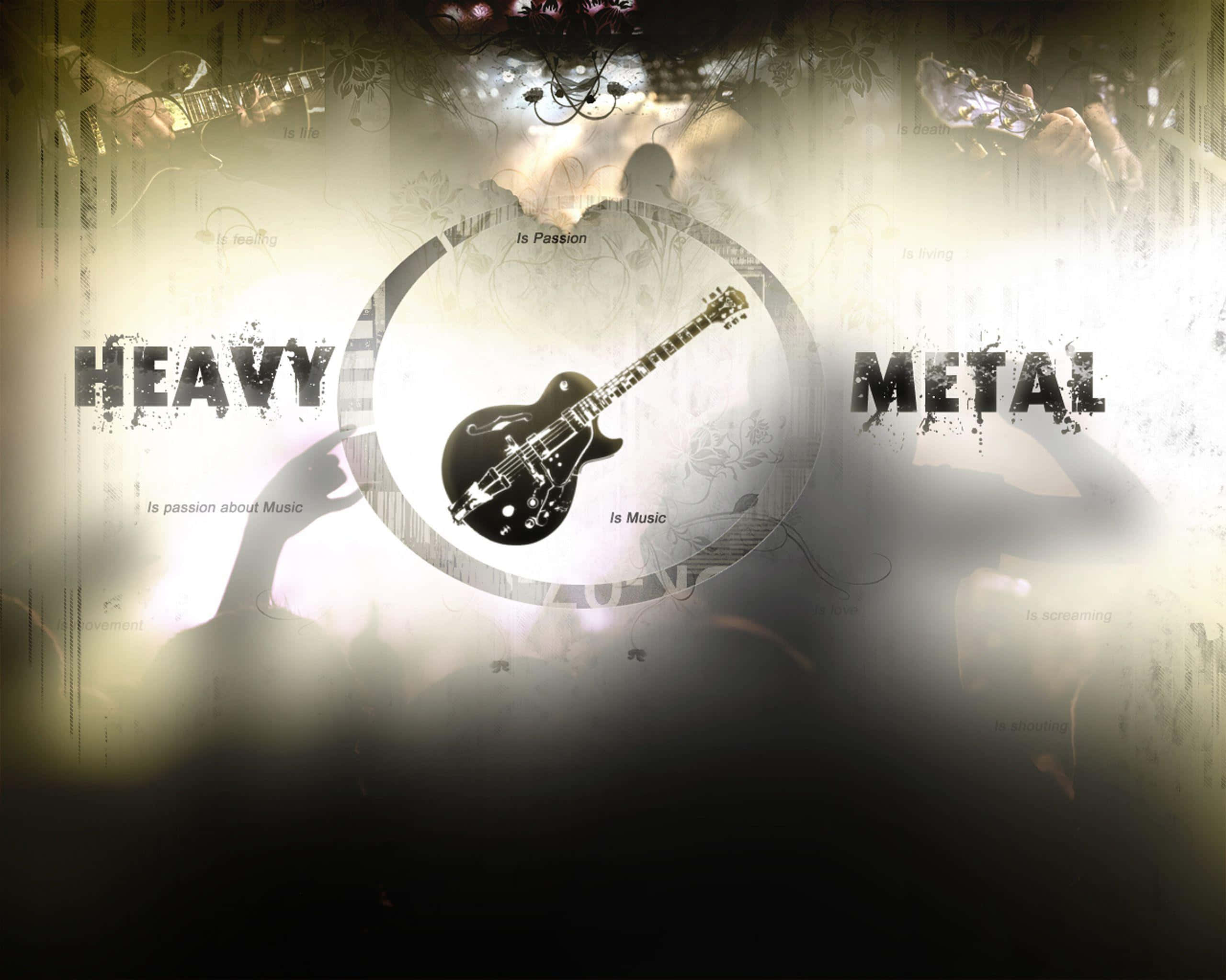 Heavy Metal 桌布 壁紙 — 一把黑色電吉他置於圓形框架中央，帶有 'HEAVY METAL' 文字和剪影音樂家，背景粗糙有紋理。