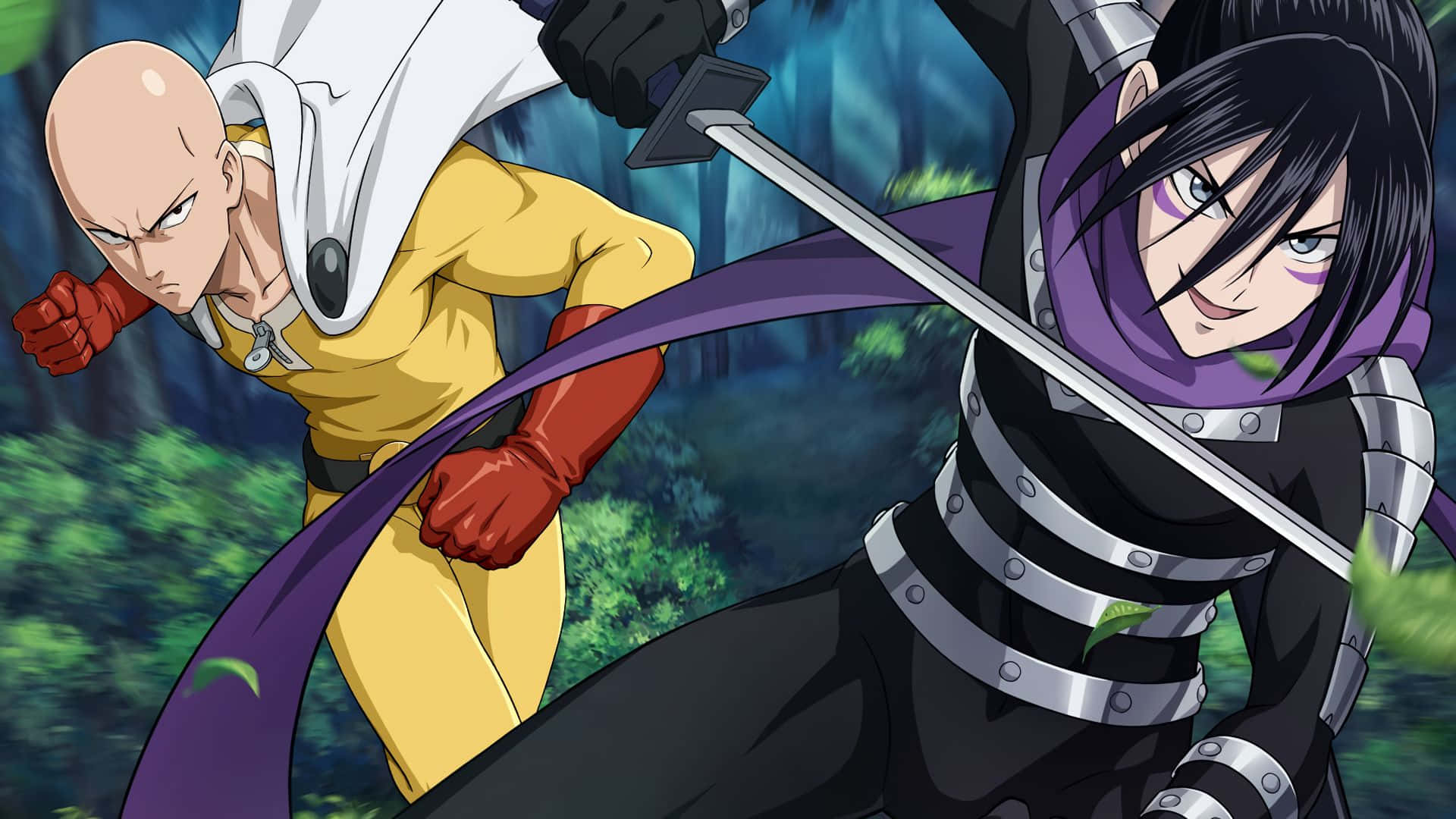 One Punch Man Sonic 桌布 壁紙 — 《一拳超人》的埼玉在茂密的森林戰鬥中與一名持劍反派對峙。
