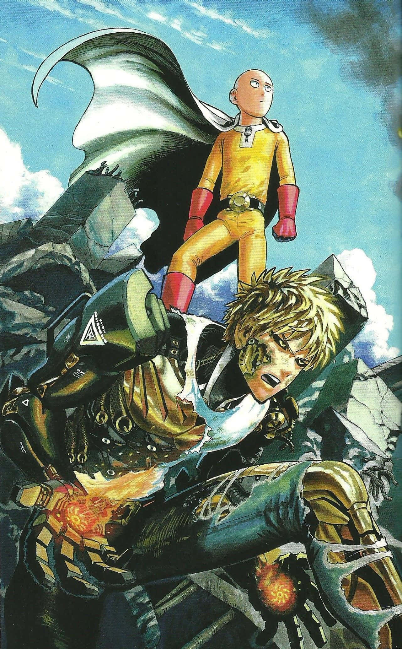 One Punch Man Season 2 桌布 壁紙 — 一拳超人勝利地站在一個被打敗的、火花四濺的裝甲惡棍之上，背景是陰天。