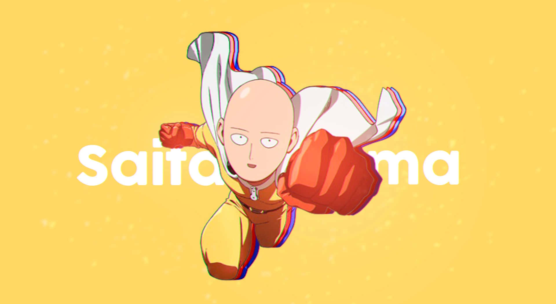 One Punch Man Minimalist 桌布 壁紙 — 一拳超人埼玉以動態姿勢向前飛翔，背景為明亮的黃色，他的名字以粗體白色文字顯示。