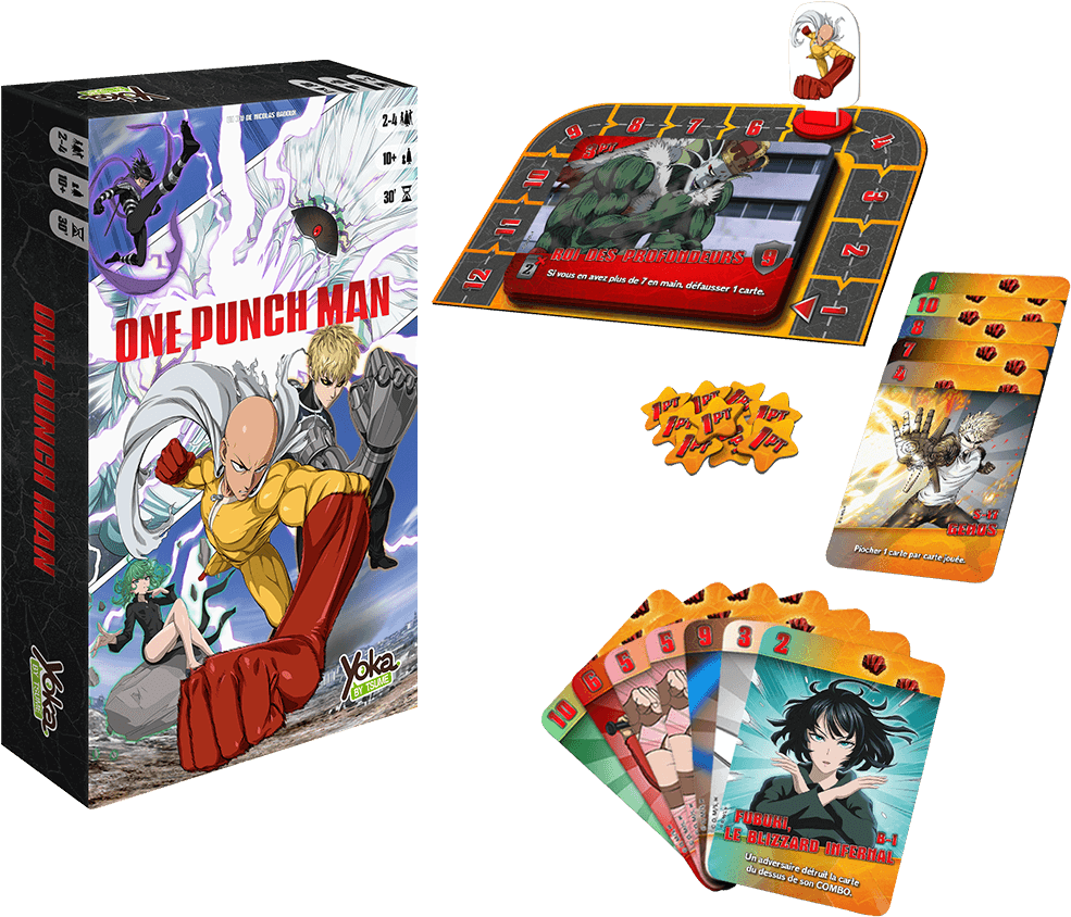 Punch 桌布 壁紙 — 一拳超人棋盤遊戲盒和卡片，以動漫角色在黑暗背景上擺出動態戰鬥姿勢為特色。