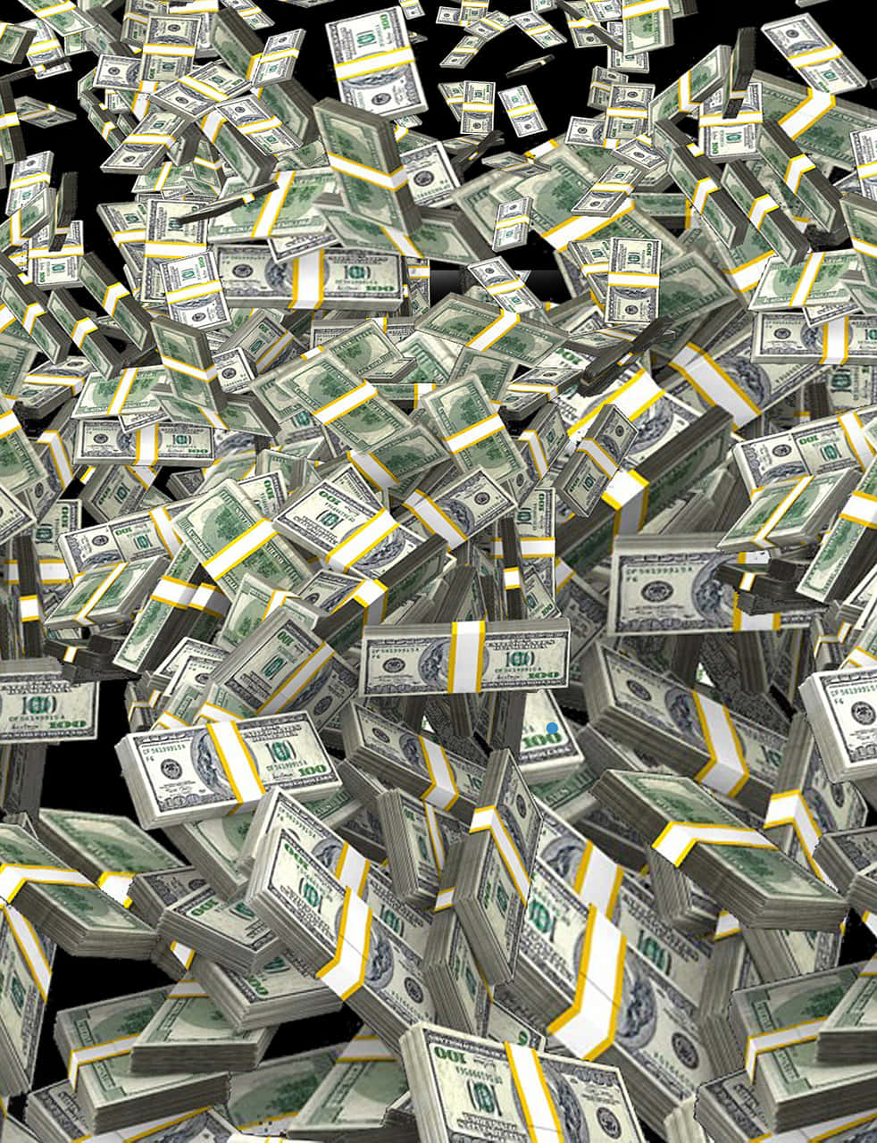 Falling Money 桌布 壁紙 — 一捆捆美元鈔票在純黑背景上如雨般落下，形成綠色與白色的混亂瀑布。