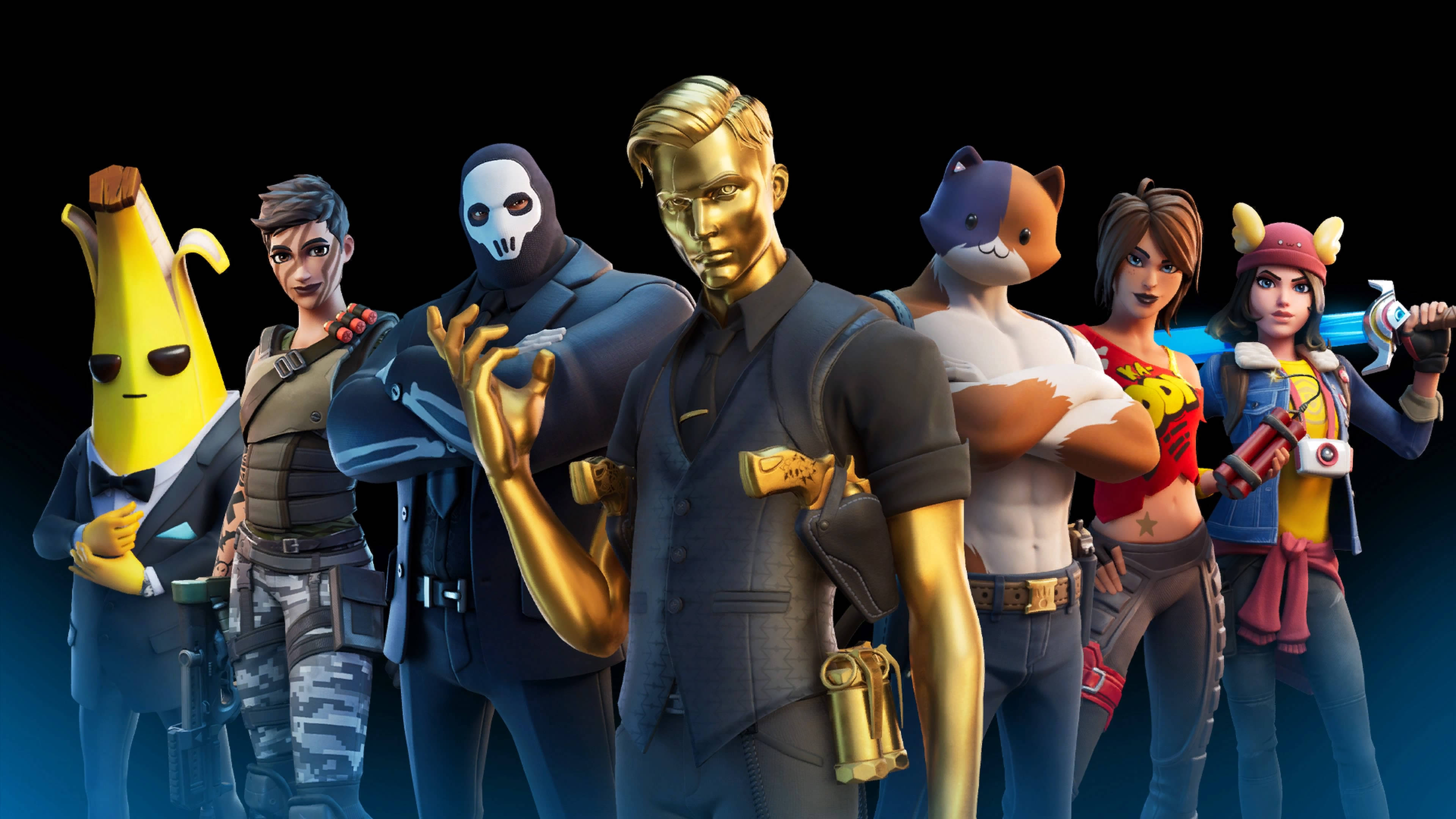 Fortnite iPad 桌布 壁紙 — 一排《要塞英雄》角色穿著大膽的服裝和造型，在深色漸變背景前自信地擺姿勢。