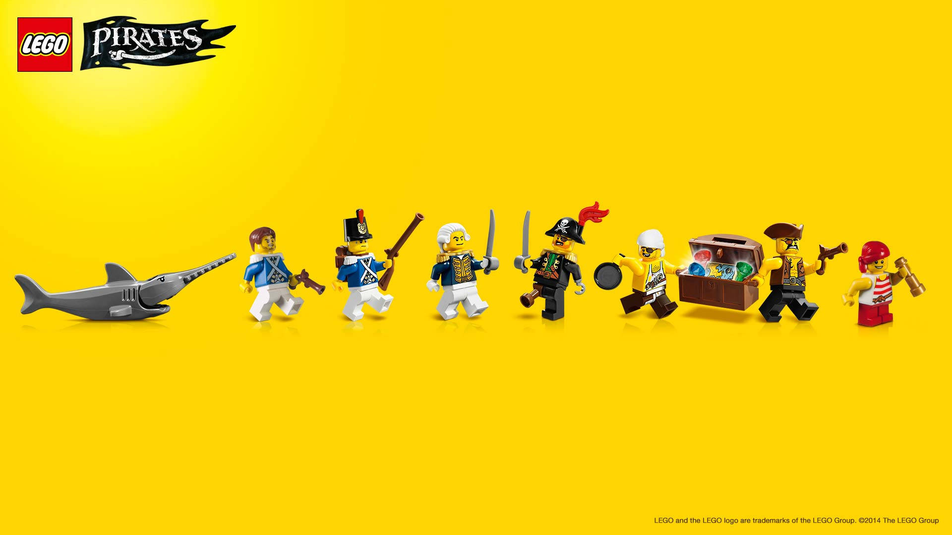 樂高 桌布 壁紙 — 一排LEGO Pirates人偶和一隻鯊魚在明亮的黃色背景上。