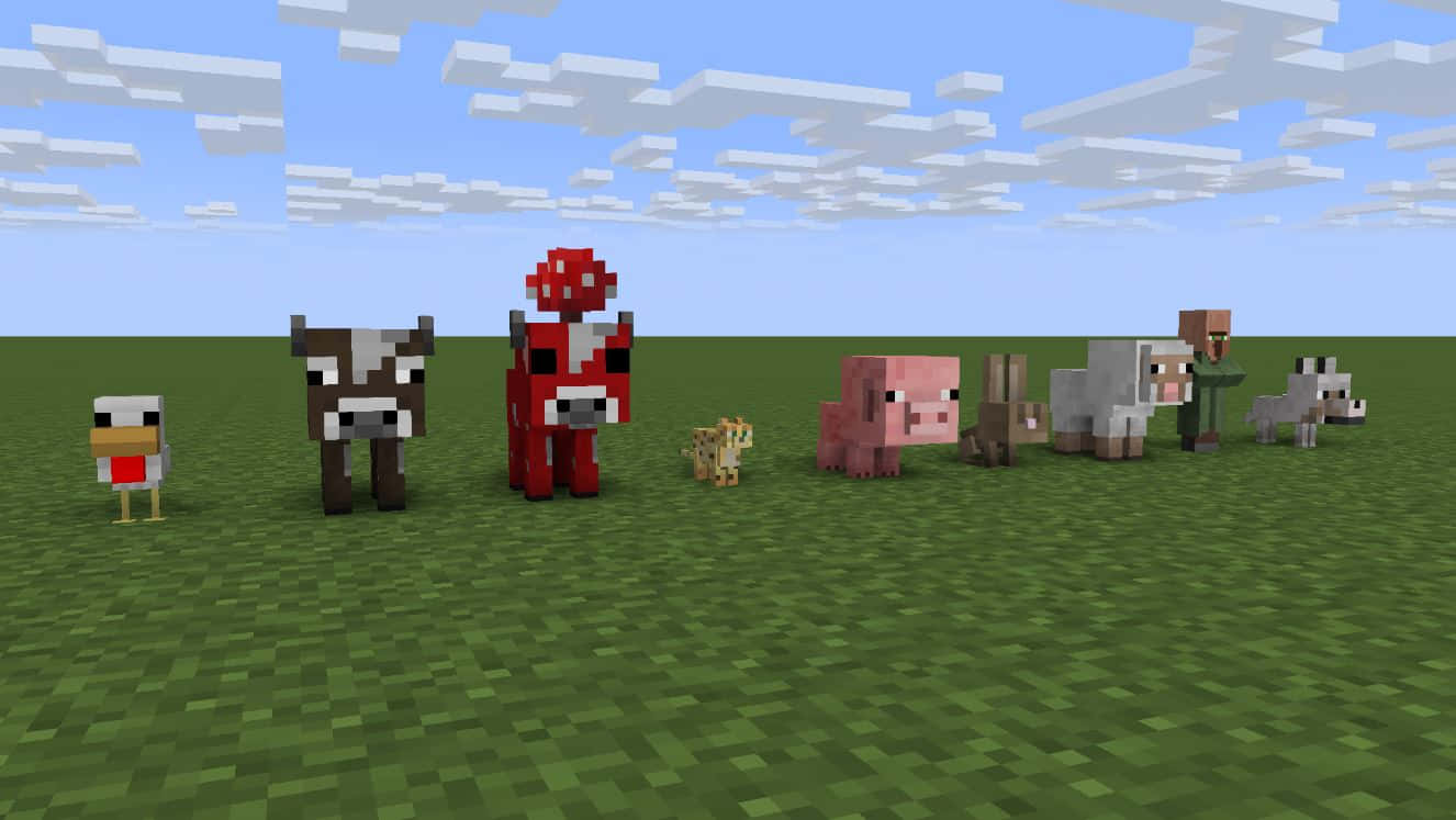 Minecraft Pixel Art 桌布 壁紙 — 一排Minecraft像素動物和一個玩家角色站在綠色草地上，背景是方塊狀的天空。