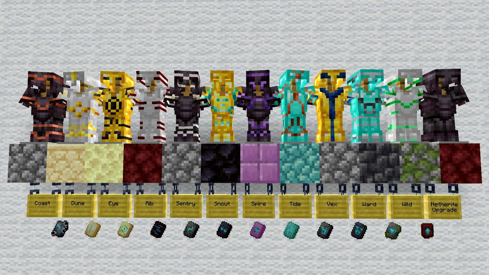 Minecraft Armor 桌布 壁紙 — 一排Minecraft盔甲套裝，顯示其對應的紋理名稱和附魔書圖標。