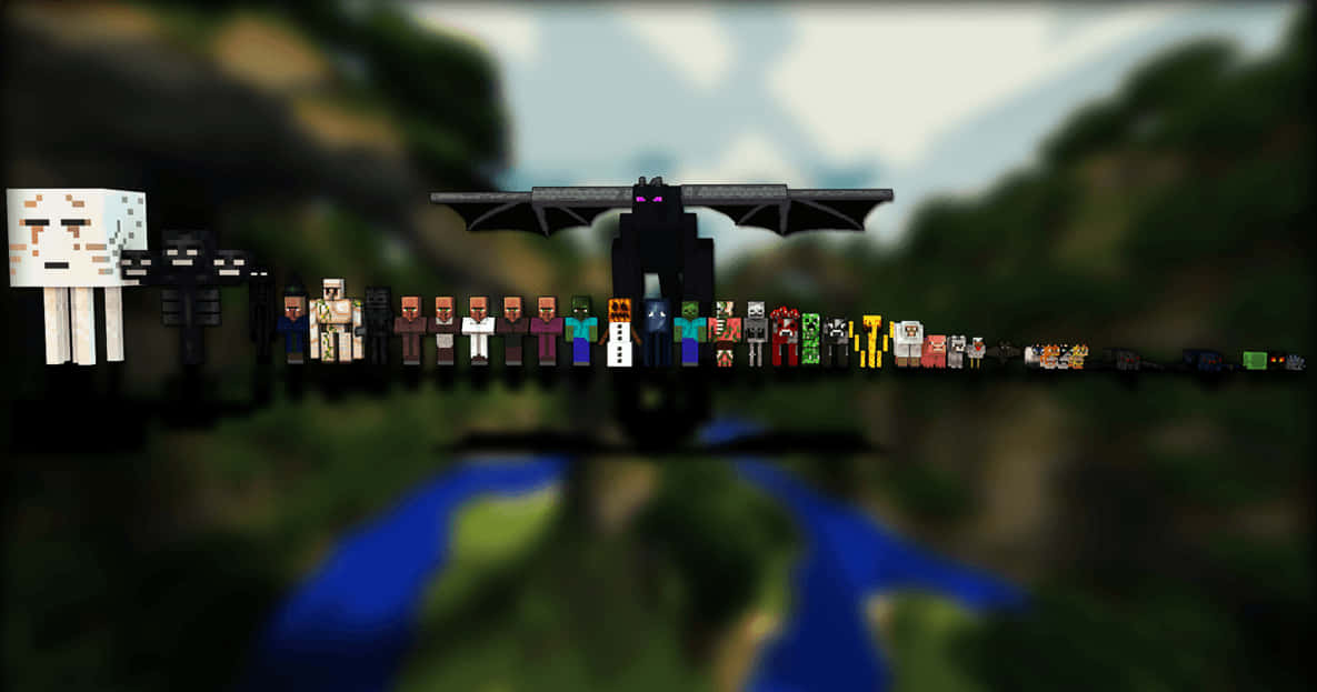 Minecraft Aesthetic 桌布 壁紙 — 一排Minecraft角色和生物，包括Enderman和Ender Dragon，站在森林空地中，背景有模糊的樹葉和下方的藍色河流。