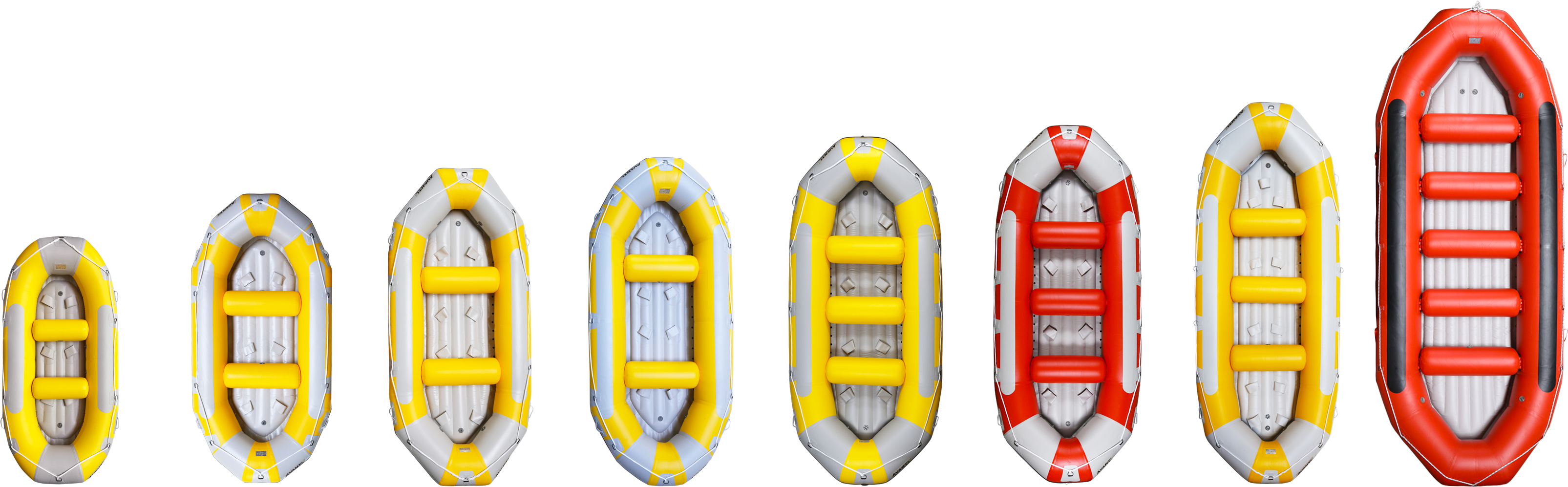 Rafting 桌布 壁紙 — 一排七個黃色、白色和紅色的充氣筏，從俯視角度在黑色背景上展示。