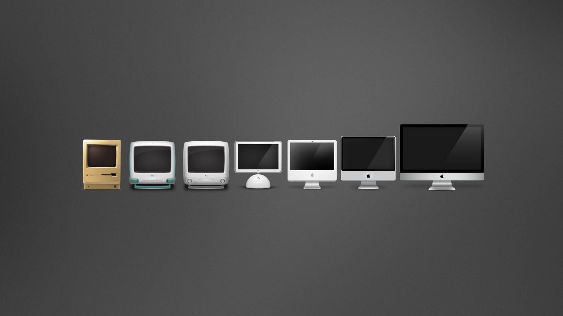 極簡桌面 桌布 壁紙 — 一排七部從復古到現代的 Apple iMac 和 Macintosh 電腦，在深灰色背景上展示。