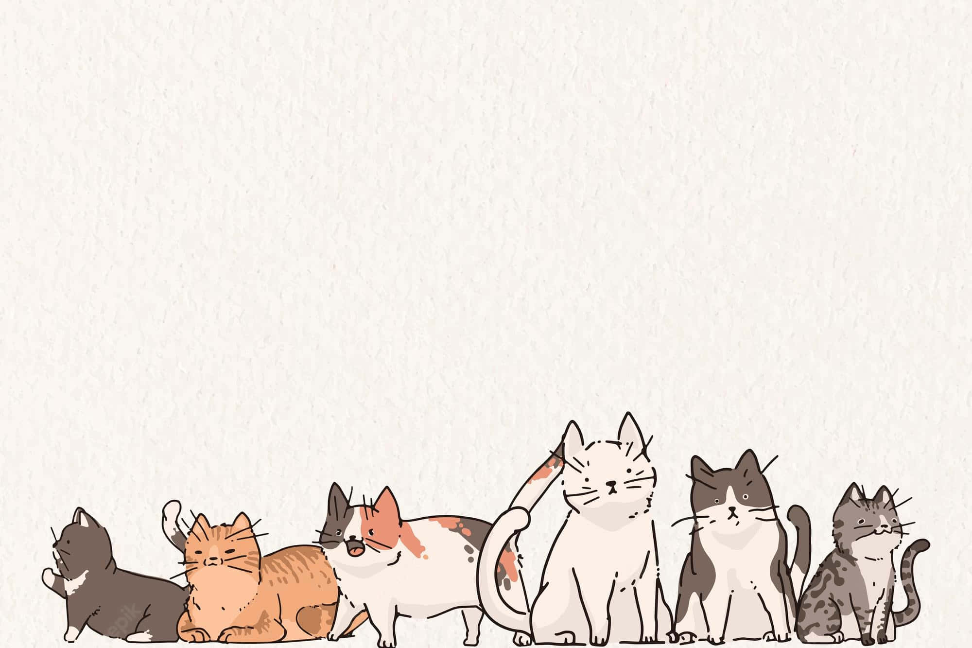 Cute Cat Pattern 桌布 壁紙 — 一排七隻卡通貓咪以不同姿勢和顏色，靜靜地坐在有紋理的米白色背景前。