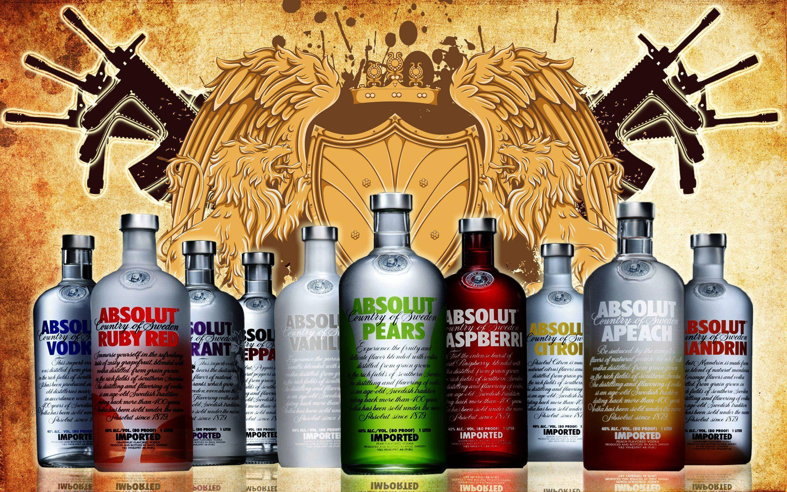 alcohol 桌布 壁紙 — 一排不同口味的Absolut伏特加酒瓶，立於金色紋章盾牌前，兩側有交叉步槍，背景帶有紋理。