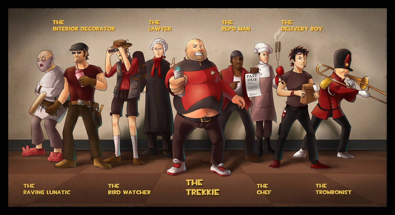 Team 桌布 壁紙 — 一排九個不同的卡通人物，身穿紅色制服，標有「trekkie」和「chef」等職業，站在素牆前。