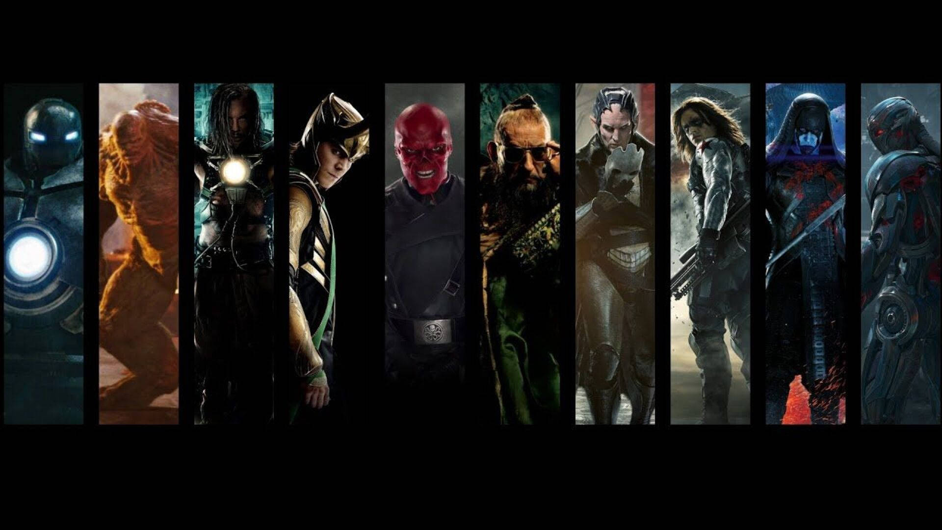 Villains 桌布 壁紙 — 一排九個威脅性的漫畫反派，在黑暗、戲劇性的垂直面板中，背景為黑色。