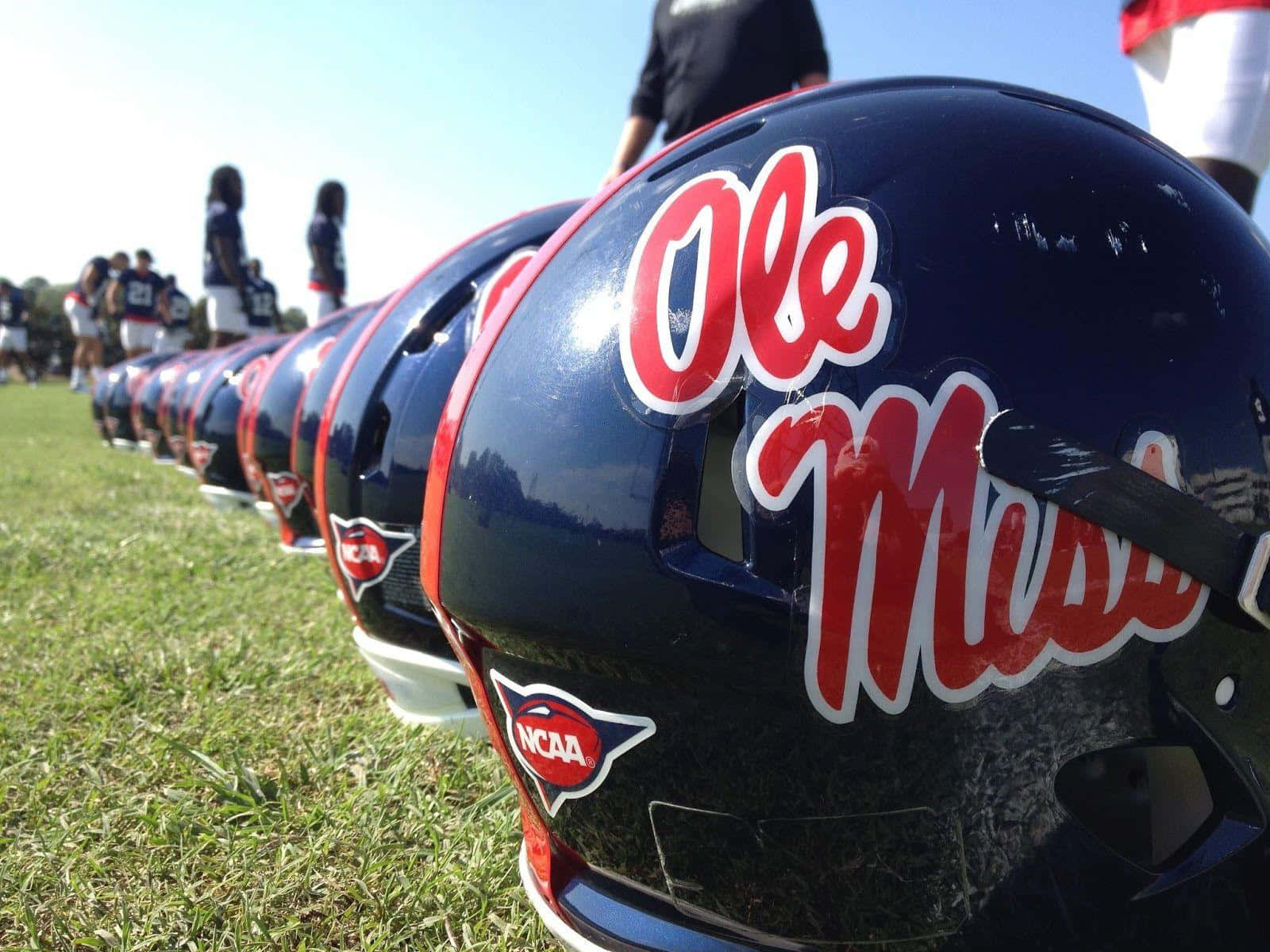 Football Helmet 桌布 壁紙 — 一排亮藍色 Ole Miss 美式足球頭盔，帶有紅色字樣，在明亮的陽光下放置在綠色草地上。