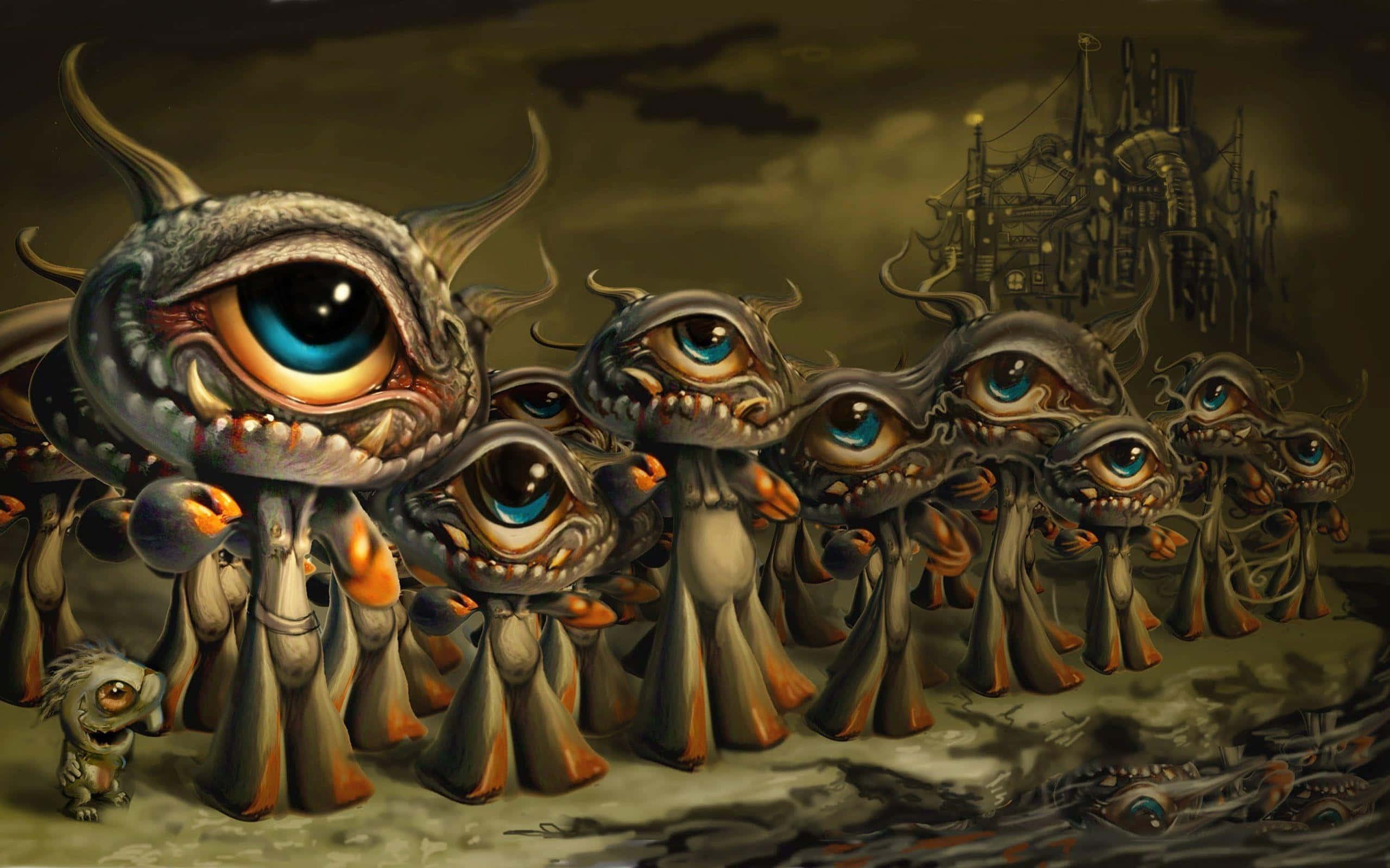 monsters 桌布 壁紙 — 一排令人恐懼的怪誕生物，擁有巨大的發光眼睛和角狀頭部，在暴風雨的天空下向著一座破舊的工業建築行進。