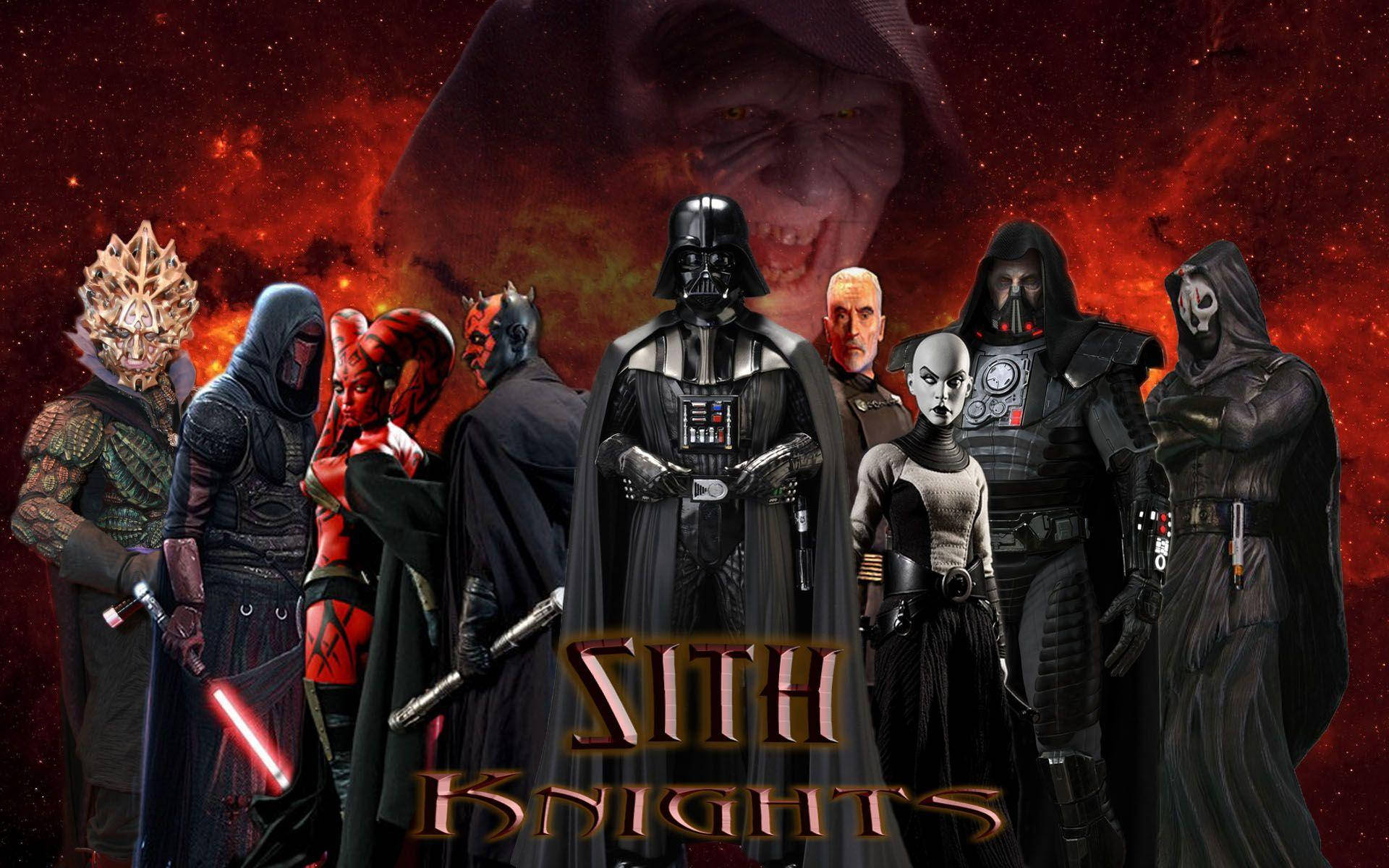 Sith 桌布 壁紙 — 一排令人畏懼的星際大戰西斯尊主和黑暗面戰士，站在熾熱的紅色星雲背景前，達斯維德的剪影隱約可見。