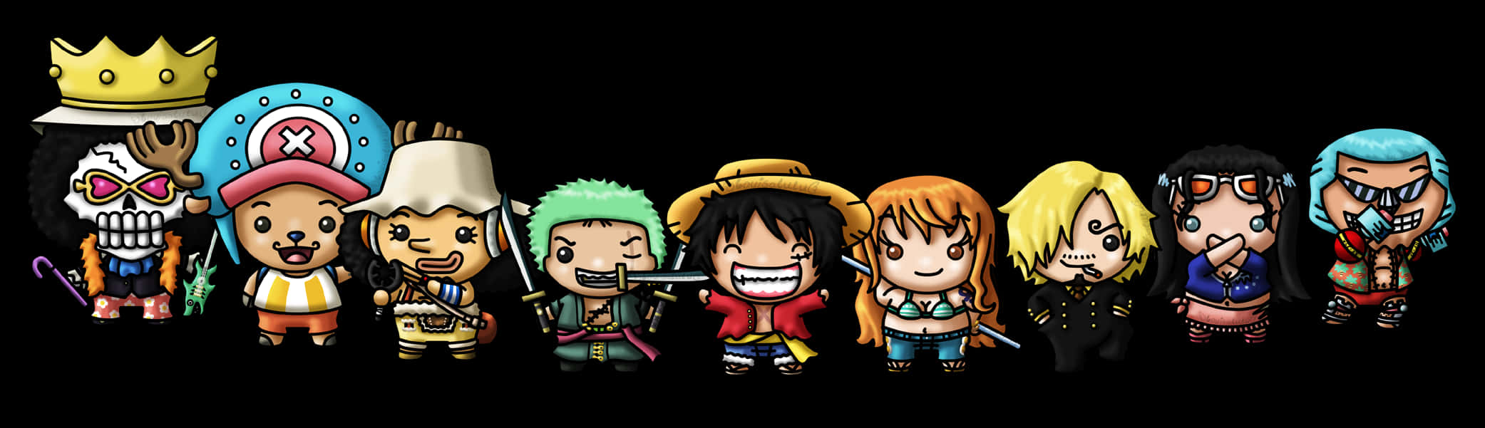 海賊王 桌布 壁紙 — 一排來自《One Piece》的Q版動漫角色站在黑色背景前，穿著鮮豔多彩的服裝，表情豐富。