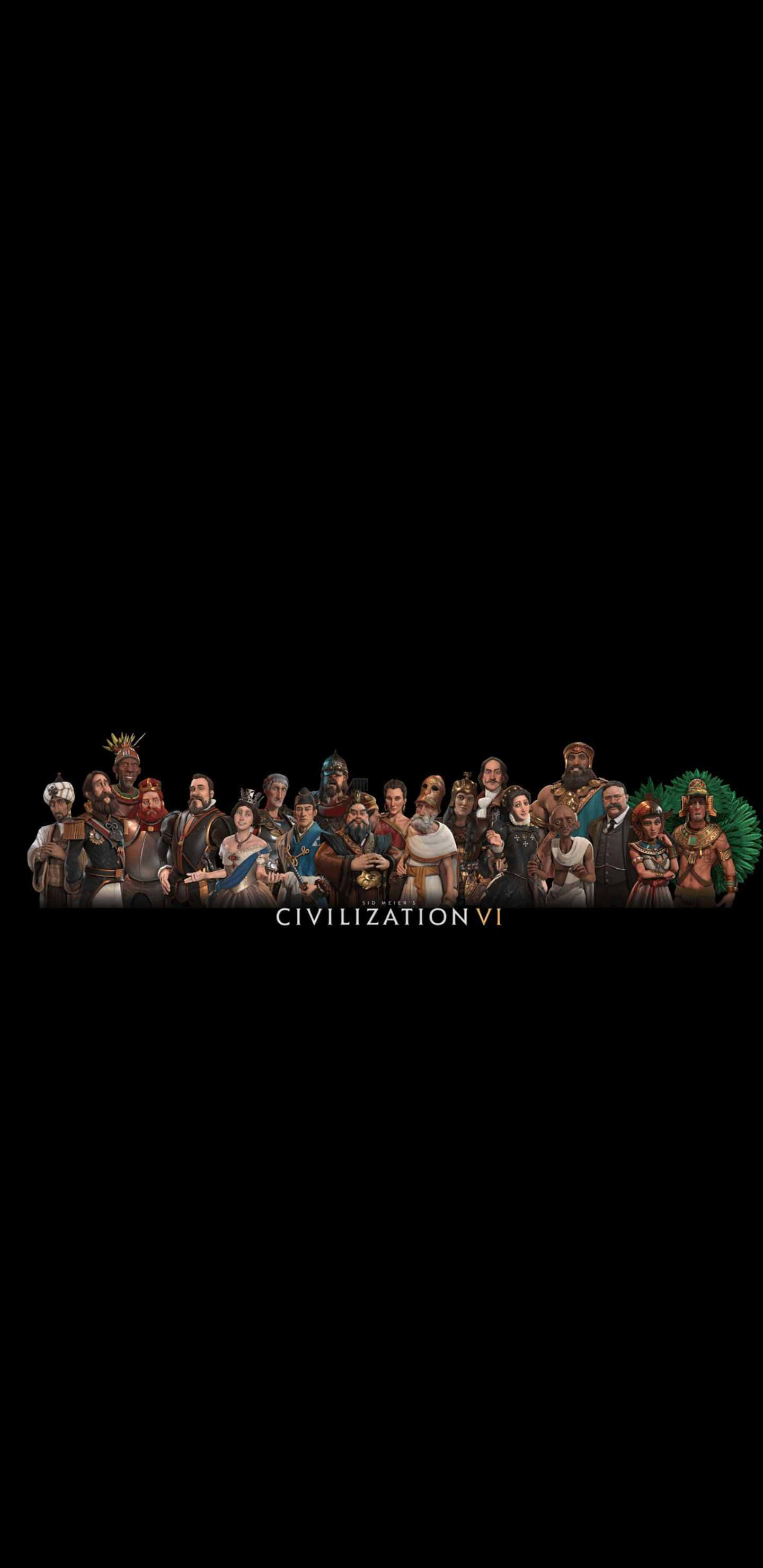 Pixel 3xl Civilization Beyond Earth 桌布 壁紙 — 一排來自《文明帝國VI》的多元歷史領袖站在黑色背景前，下方有遊戲標題文字。